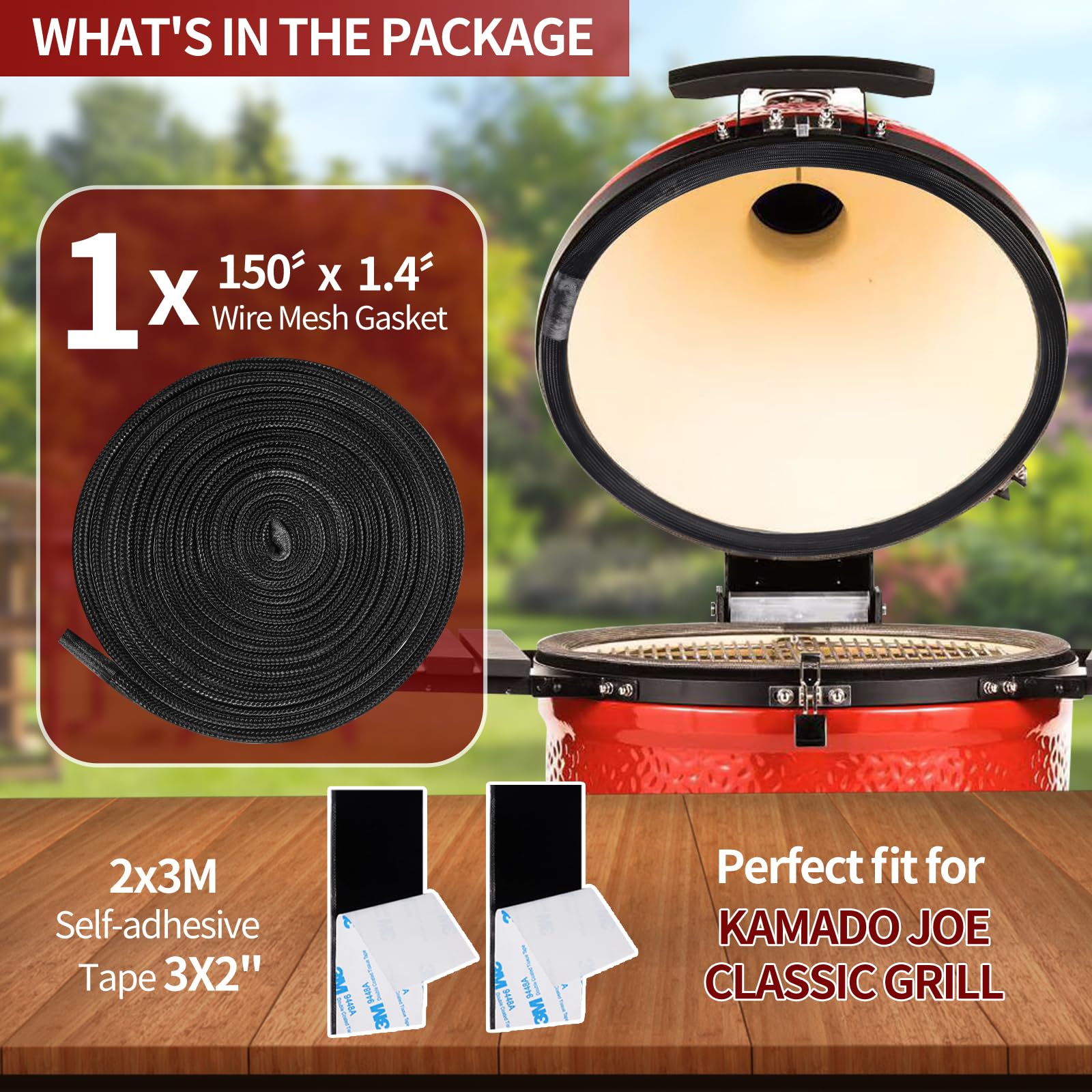 Kamado Joe Classic Grill Smoker Gasket Seal - 150 Inch High Temperature Fiberglass Wire Mesh Gasket Replacement Kit with Self-Adhesive - Perfect for BBQ, Smoking, and Outdoor Cooking