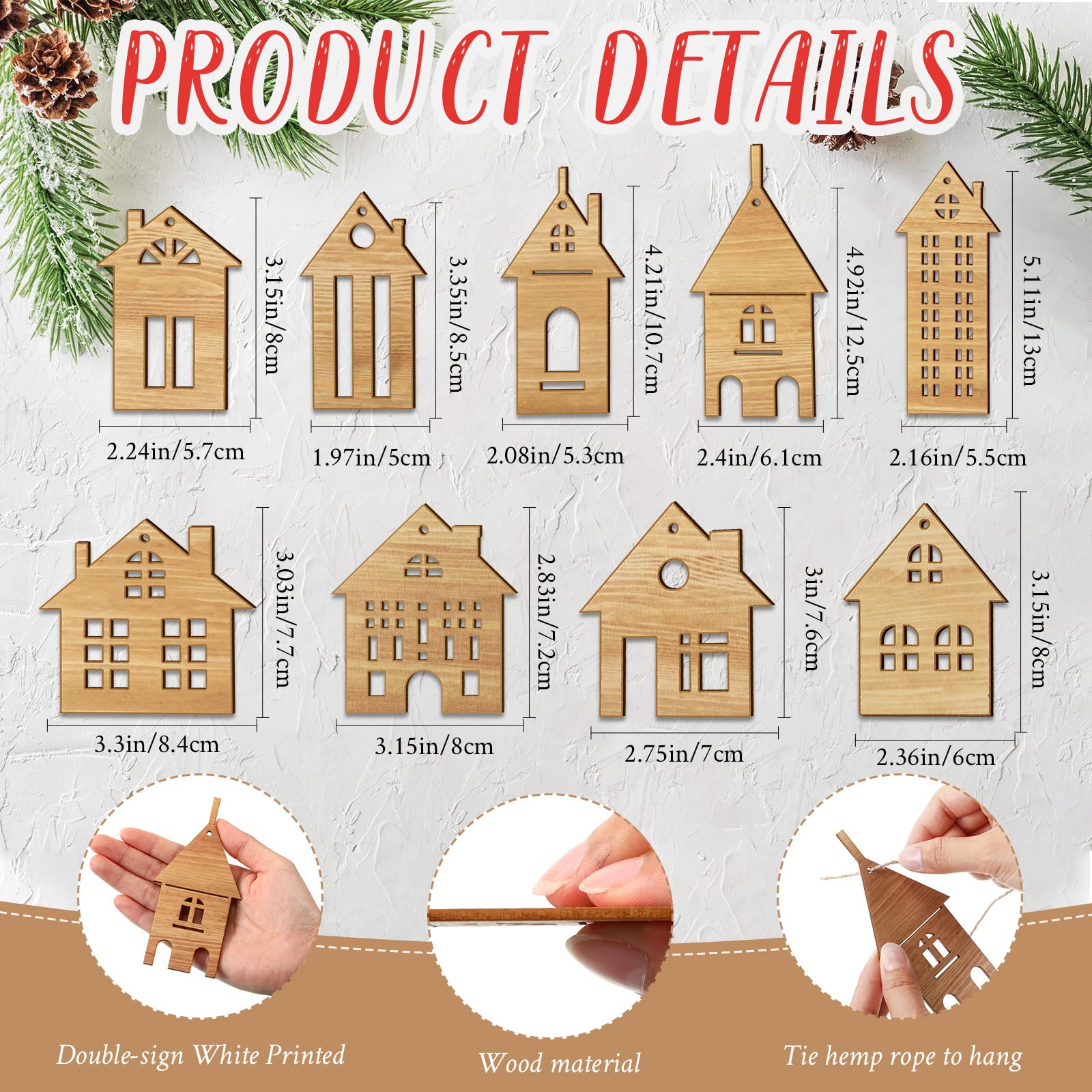 18 Pcs Wooden Christmas Tree Ornaments - Double Sided Hanging Wood House Cutouts with Ropes - Small Rustic Holiday Decor for Xmas Tree, Gift Wrapping & Home Decoration