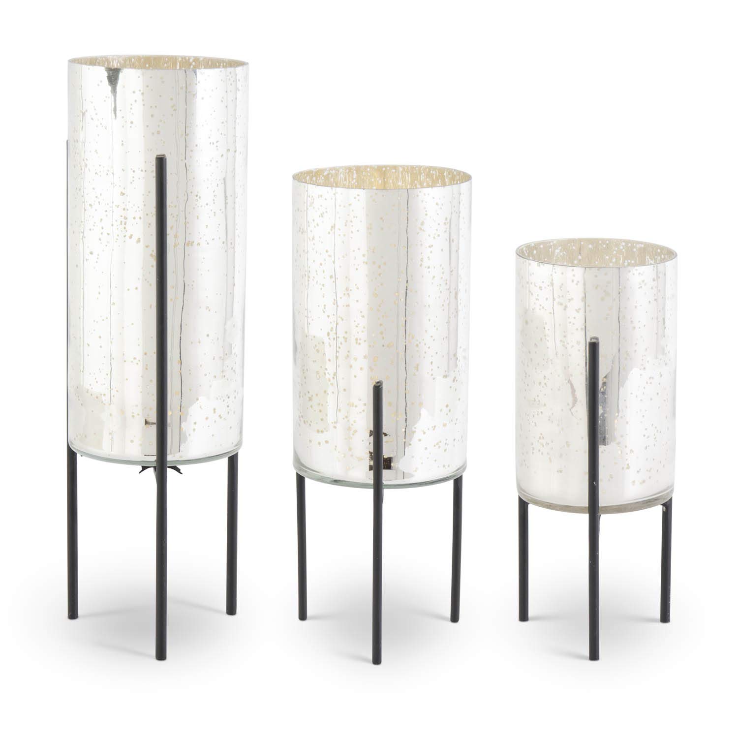 K&K Interiors 16998B Set of 3 Silver Mercury Glass Candle Holders with Black Metal Tripod Base - Elegant Home Decor for Weddings, Dining Tables & Holiday Centerpieces