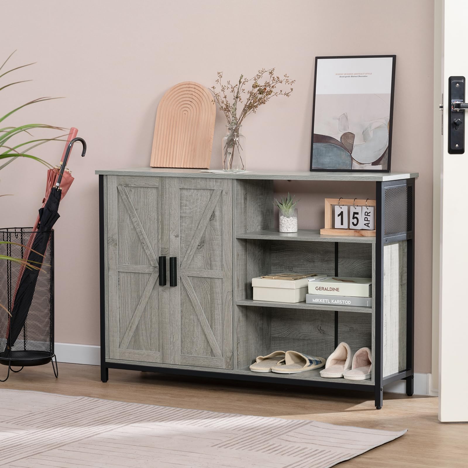 WEENFON Industrial Storage Cabinet with 2 Barn Doors - Adjustable Shelves Buffet Sideboard for Dining Room, Living Room & Kitchen - Grey | Perfect for Home Organization, Farmhouse Decor & Small Space Storage Solutions