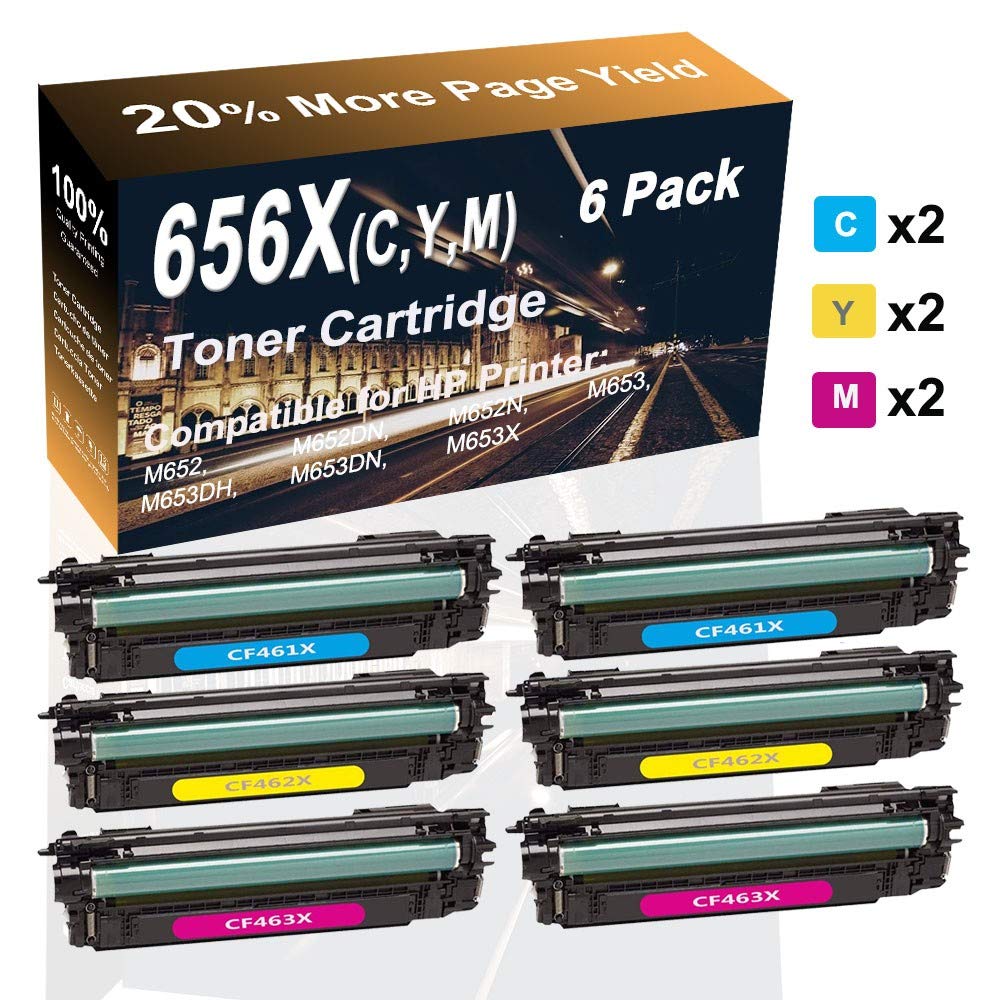 6-Pack (2C+2Y+2M) High-Yield HP 656X Compatible Toner Cartridges (CF461X/CF462X/CF463X) for HP M652n/M653dn/M653dh Printers - Perfect for Office & Home Printing Needs