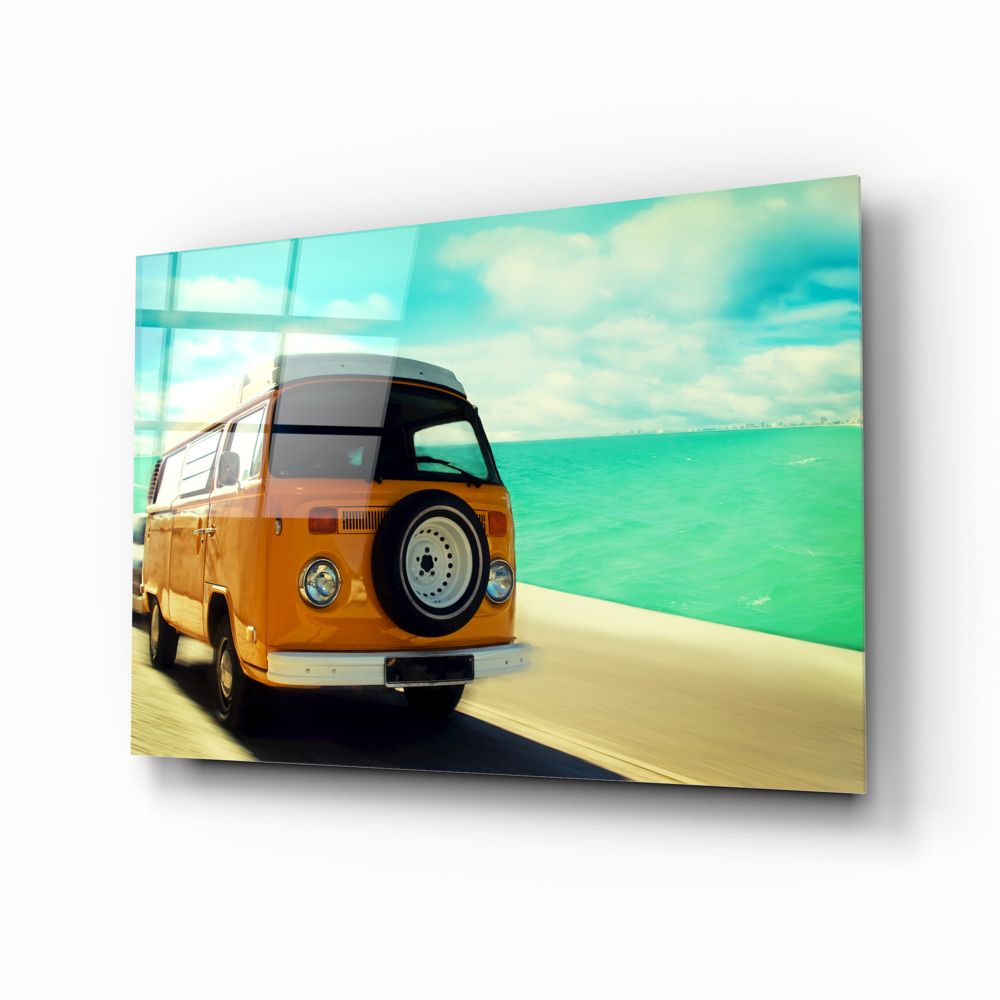 Vintage Volkswagen T1 Glass Print Wall Art - Retro Camper Van Decor for Home, Office & Cafe - Perfect for Living Room, Bedroom & Workspace