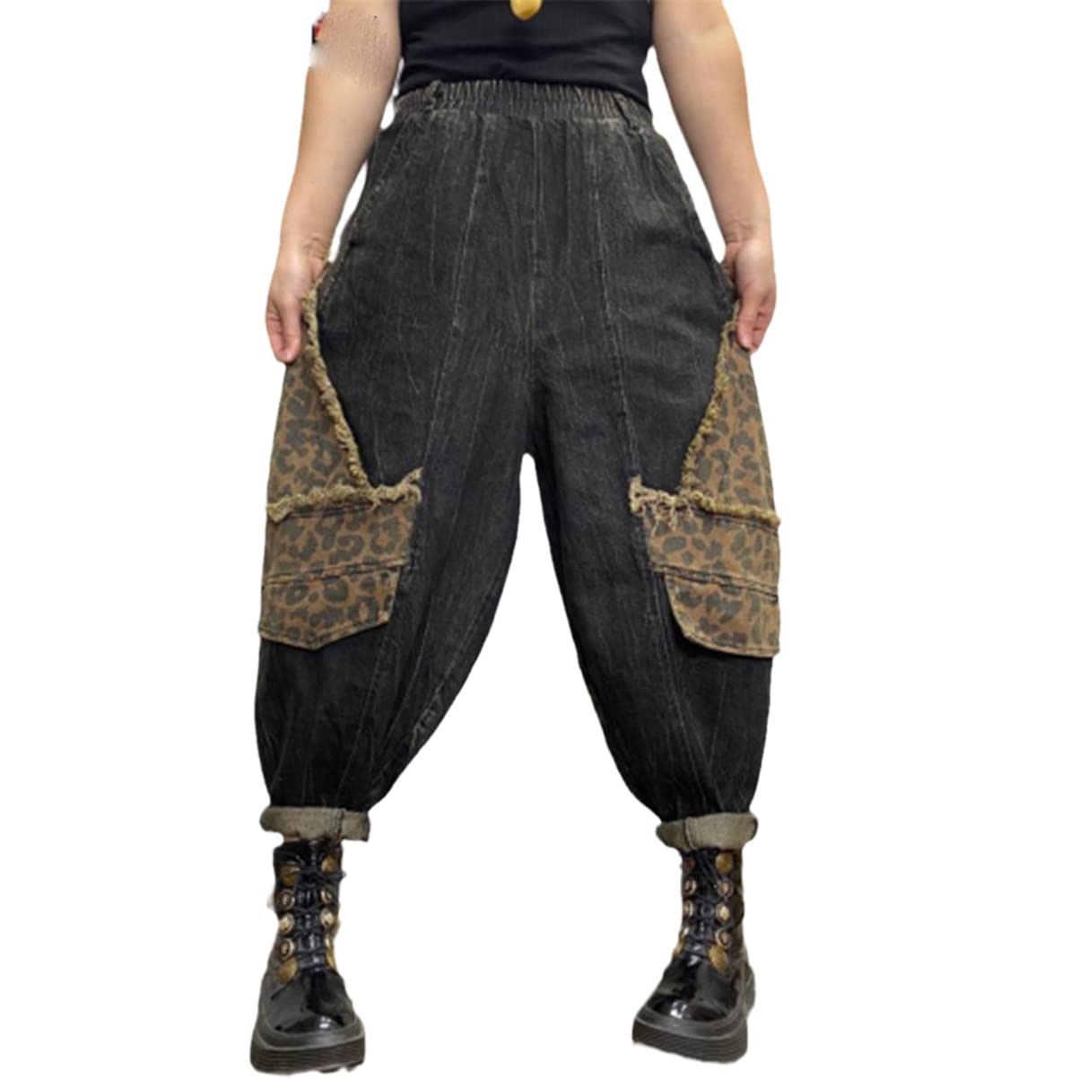 Distressed Denim Pants for Women - Raw Edge Splice Elastic Waist Drop Crotch Trousers | Casual Streetwear, Spring & Fall Fashion | Perfect for Everyday Wear, Outings and Layered Outfits