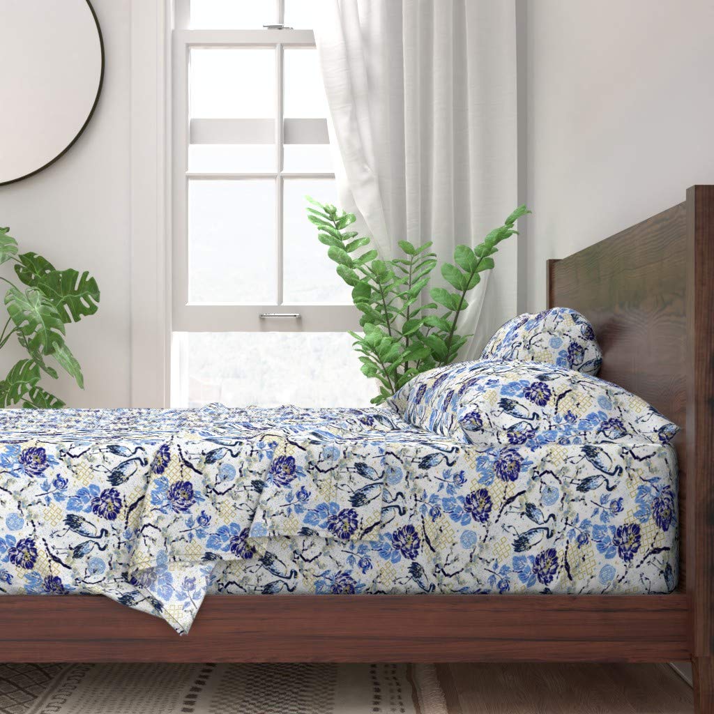 Romantic Chinoiserie Blue Cranes Plum Tree Peony Floral Vintage Print 100% Cotton Twin 3-Piece Sheet Set | Custom Bedding for Guest Rooms & Vintage-Themed Bedrooms