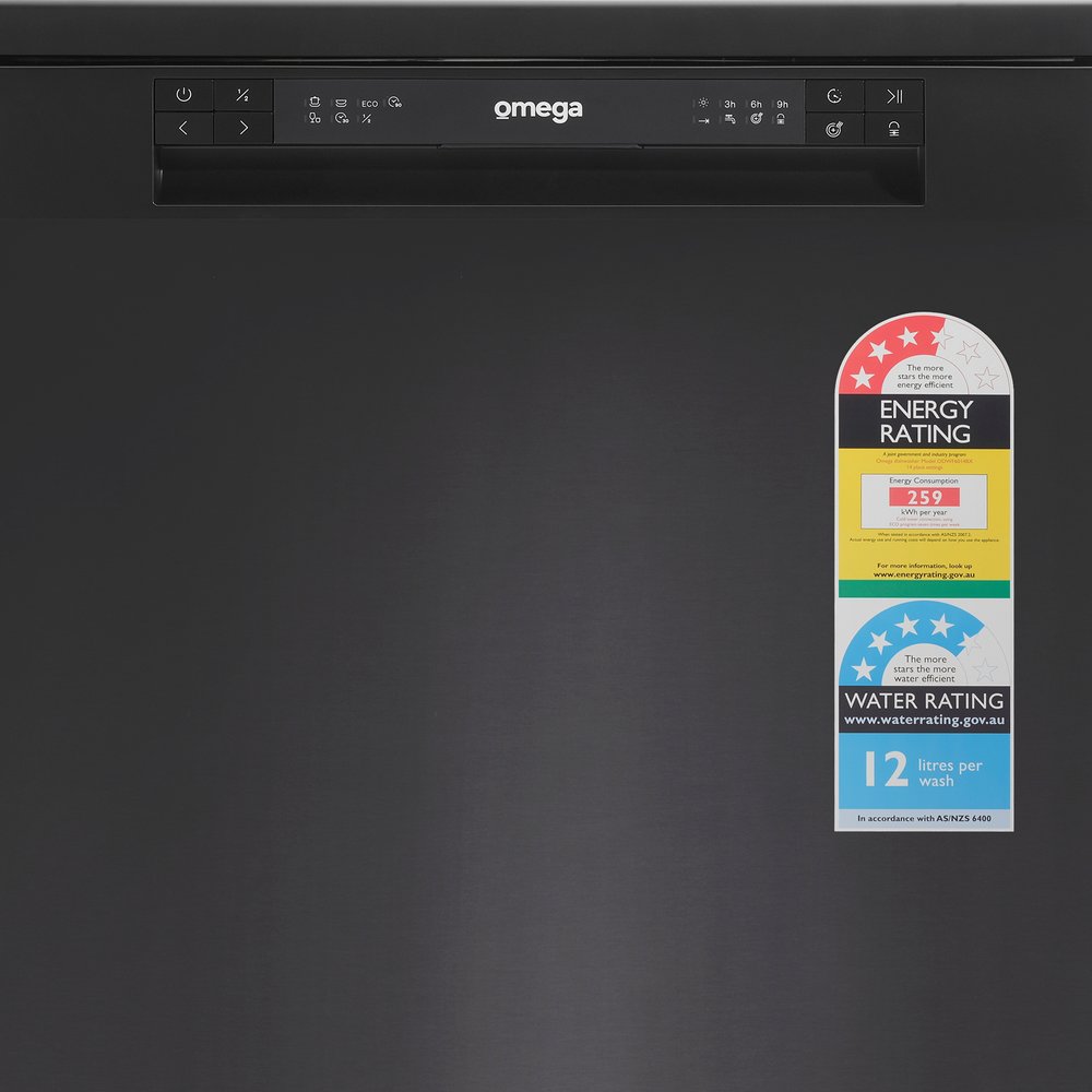 Freestanding Dishwasher 60cm Black Stainless Steel - Omega ODWF6014BX | Compact Kitchen Appliance for Small Homes & Apartments | Energy Efficient Dishwashing Solution