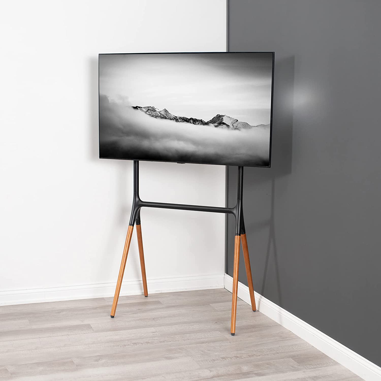 VIVO Adjustable TV Stand Easel for 49-70 Inch LED LCD Screens, 4-Leg Wooden TV Mount Holder up to 88 lbs - Black/Brown (Model STAND TV70A) - Perfect for Living Room, Bedroom, or Studio Display