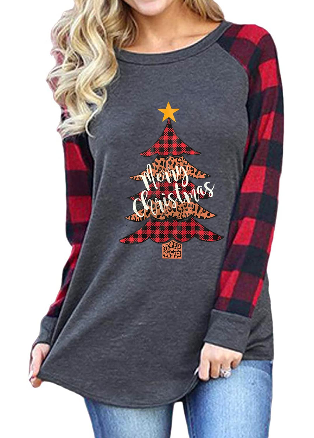 Women's Merry Christmas Shirts - Long Sleeve Plaid Raglan Graphic Tee for Holiday Movie Nights & Cozy Winter Outfits