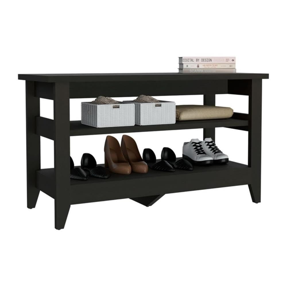 TUHOME Misuri Storage Bench - Black Engineered Wood Entryway Bench with Seat & Storage for Living Room, Bedroom, or Hallway
