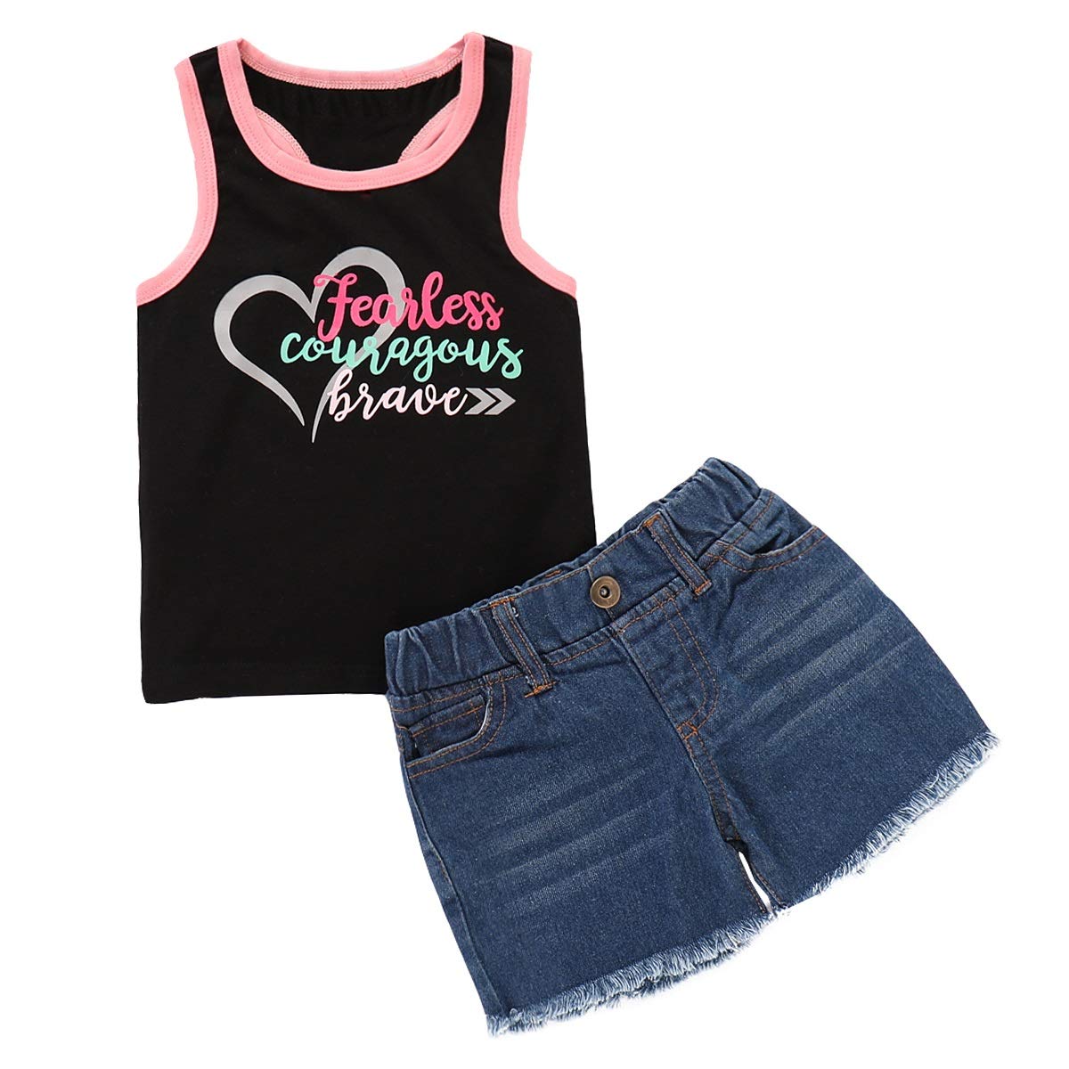 Summer Baby Girl Outfit Set - Black Printed Tank Top & Denim Shorts 2-Piece Fashion Suit | Cute Toddler Clothes for Playdates, Beach & Casual Wear