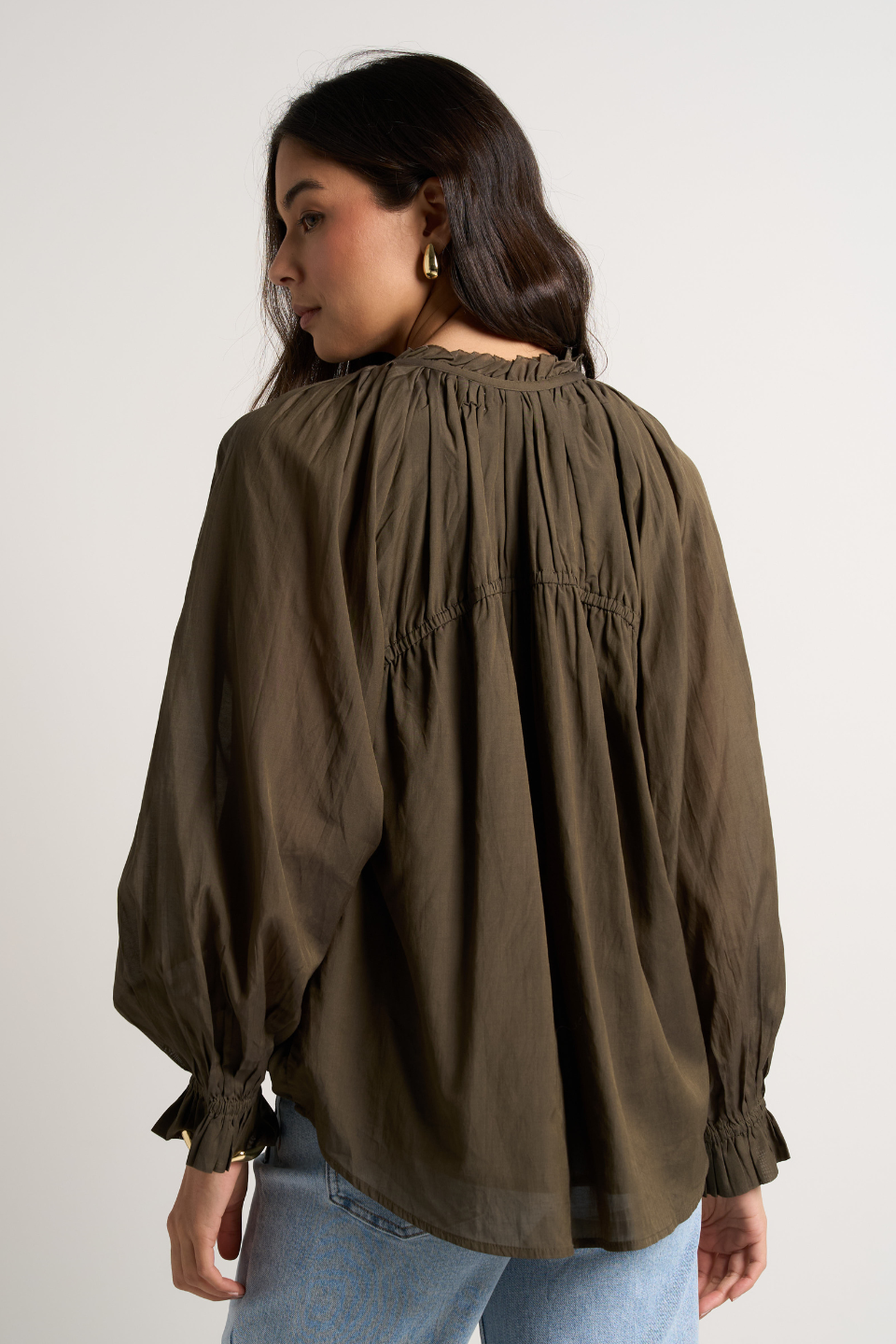 Artist Olive Voile Long Sleeve Tie Front Relaxed Gathered Blouse - Perfect for Casual Outings, Boho Chic Style & Layered Fall Fashion