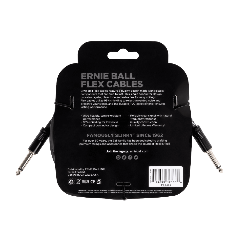 Ernie Ball 20ft Flex Instrument Cable - Straight to Straight Black - High-Quality Guitar & Bass Cable for Live Performances & Studio Recording
