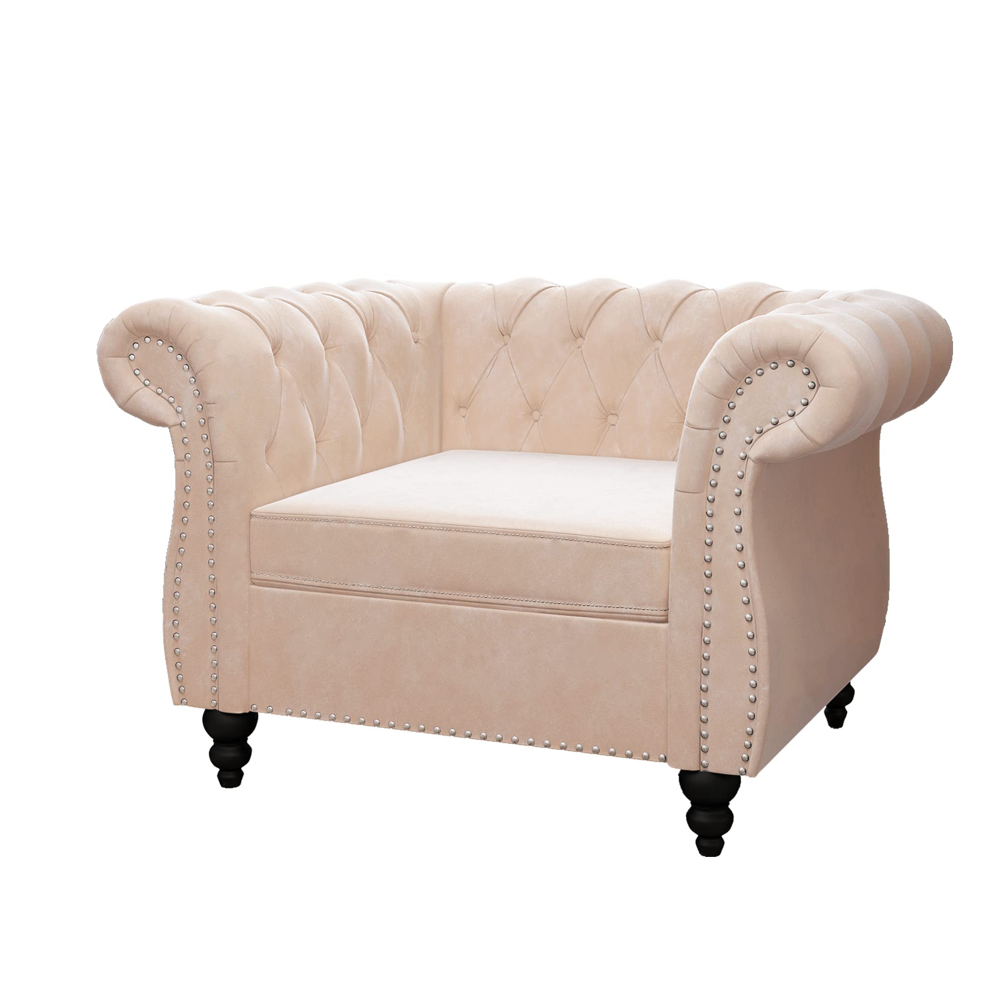 Modern Velvet Tufted Chesterfield Accent Chair with Scroll Arms & Nailhead Trim - Luxurious Living Room Sofa, Bedroom Seating, Office Chair & Apartment Decor (Beige) | Perfect for Cozy Reading Nooks, Elegant Home Offices & Stylish Lounge Areas