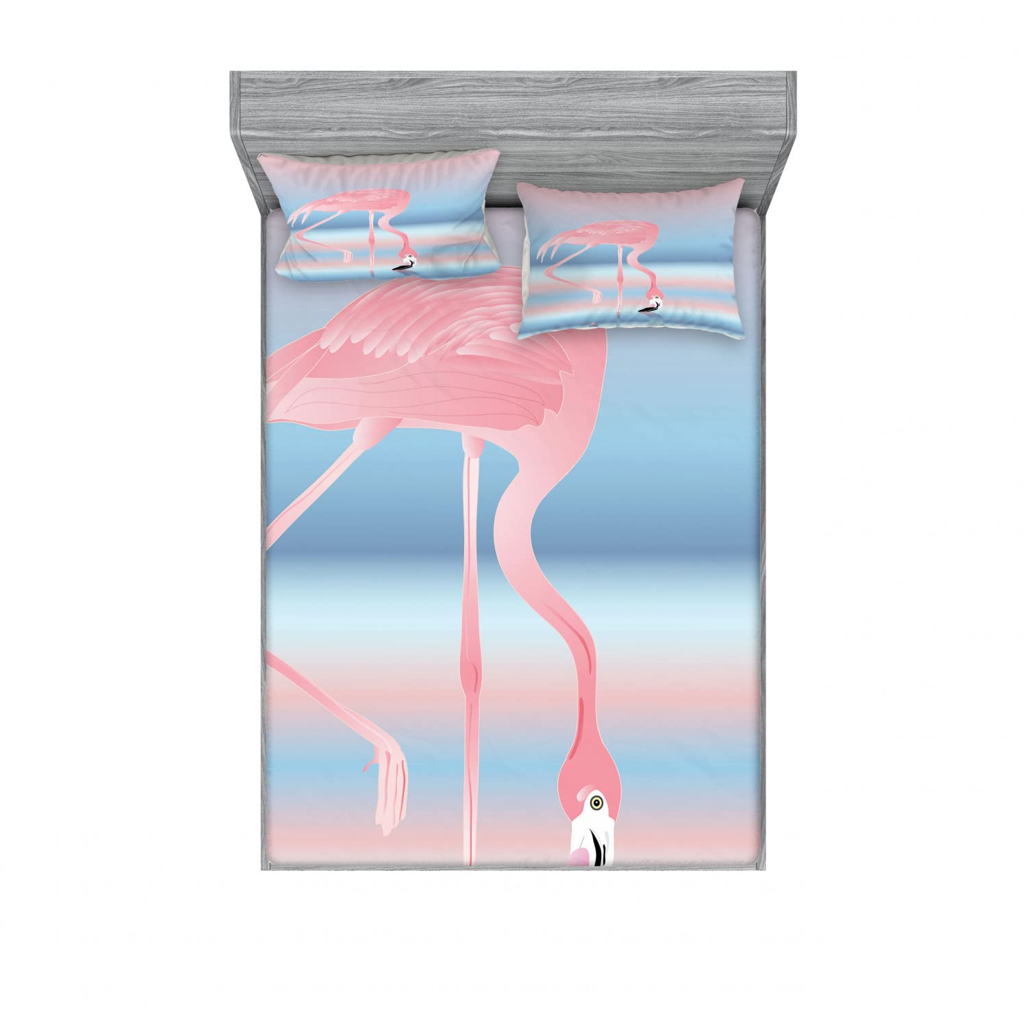 Ambesonne Flamingo Queen Size 2-Pack Fitted Sheet & Pillow Sham Set - Romantic Birds in Love Lake Design, 4-Piece Bedding Decor (2 Fitted Sheets + 4 Pillow Covers) in Pink & Blue | Perfect for Guest Rooms, Beach Houses & Tropical Themed Bedrooms