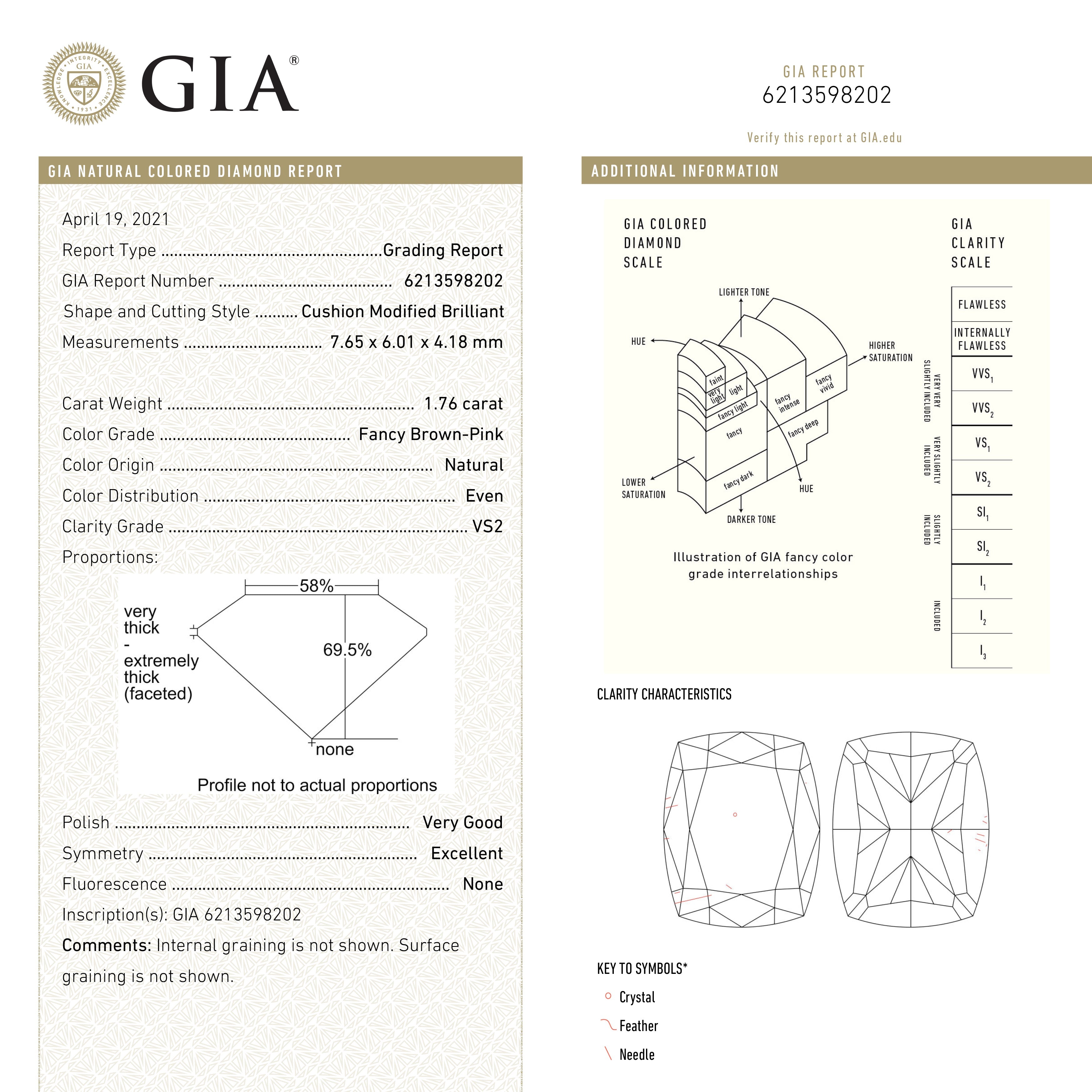 1.76ct GIA Certified VS2 Fancy Brown Pink Cushion Cut Diamond - 7.65x6.01x4.18mm Brilliant Engagement Ring Stone for Wedding & Anniversary Jewelry