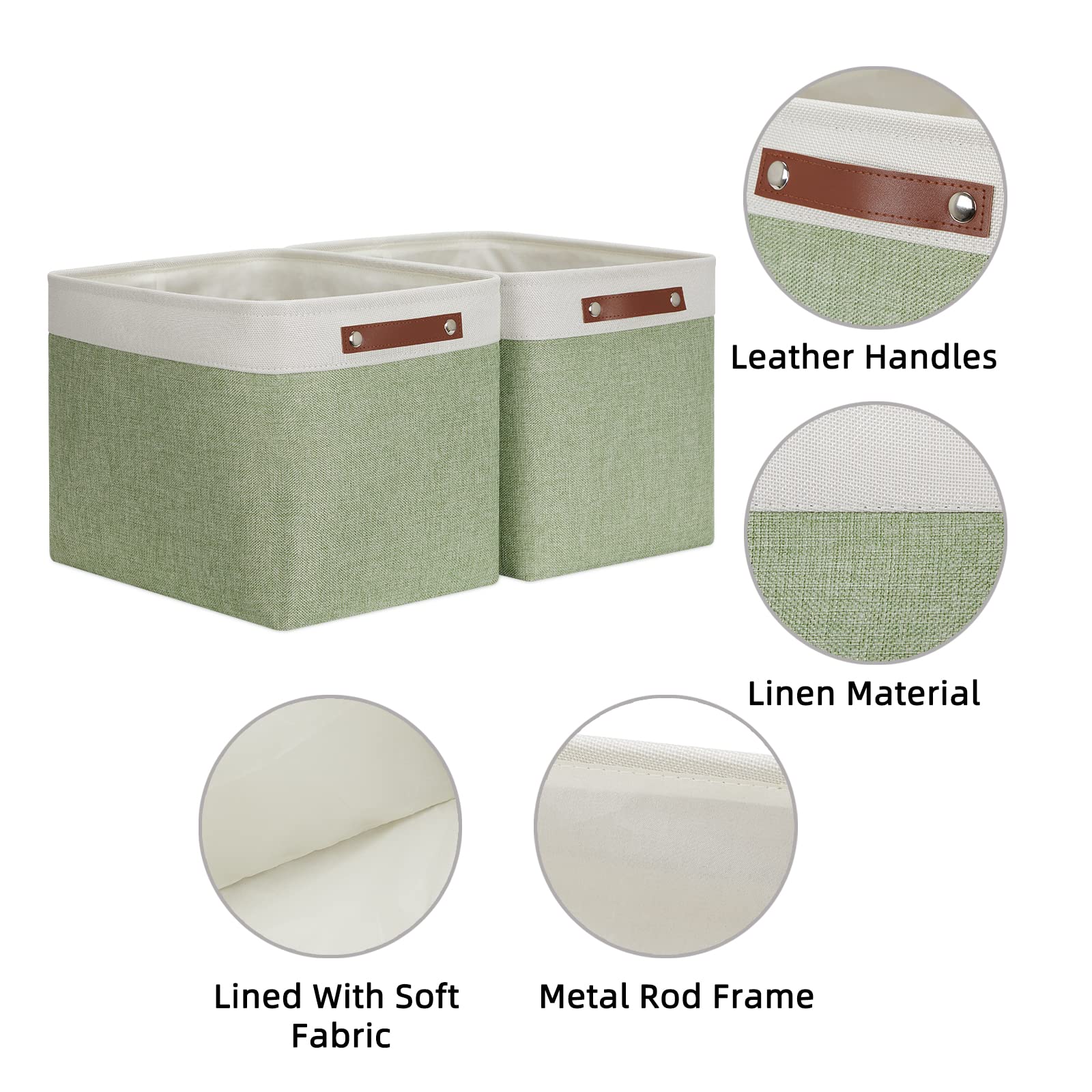 HNZIGE Large Fabric Storage Baskets with Leather Handles - 2 Pack Foldable Decorative Organizer Bins for Shelves, Toys, Closet & Home Organization (Green, 16