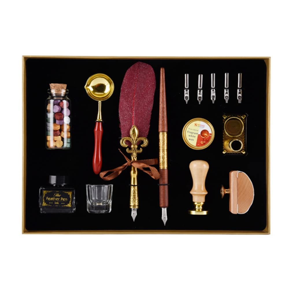 Vintage Gold Feather Dip Pen Set with Ink Bottle - Calligraphy Writing Kit for Beginners & Professionals - Perfect for Wedding Invitations, Scrapbooking & Birthday Gifts (Sprinkled Gold, Boxed)