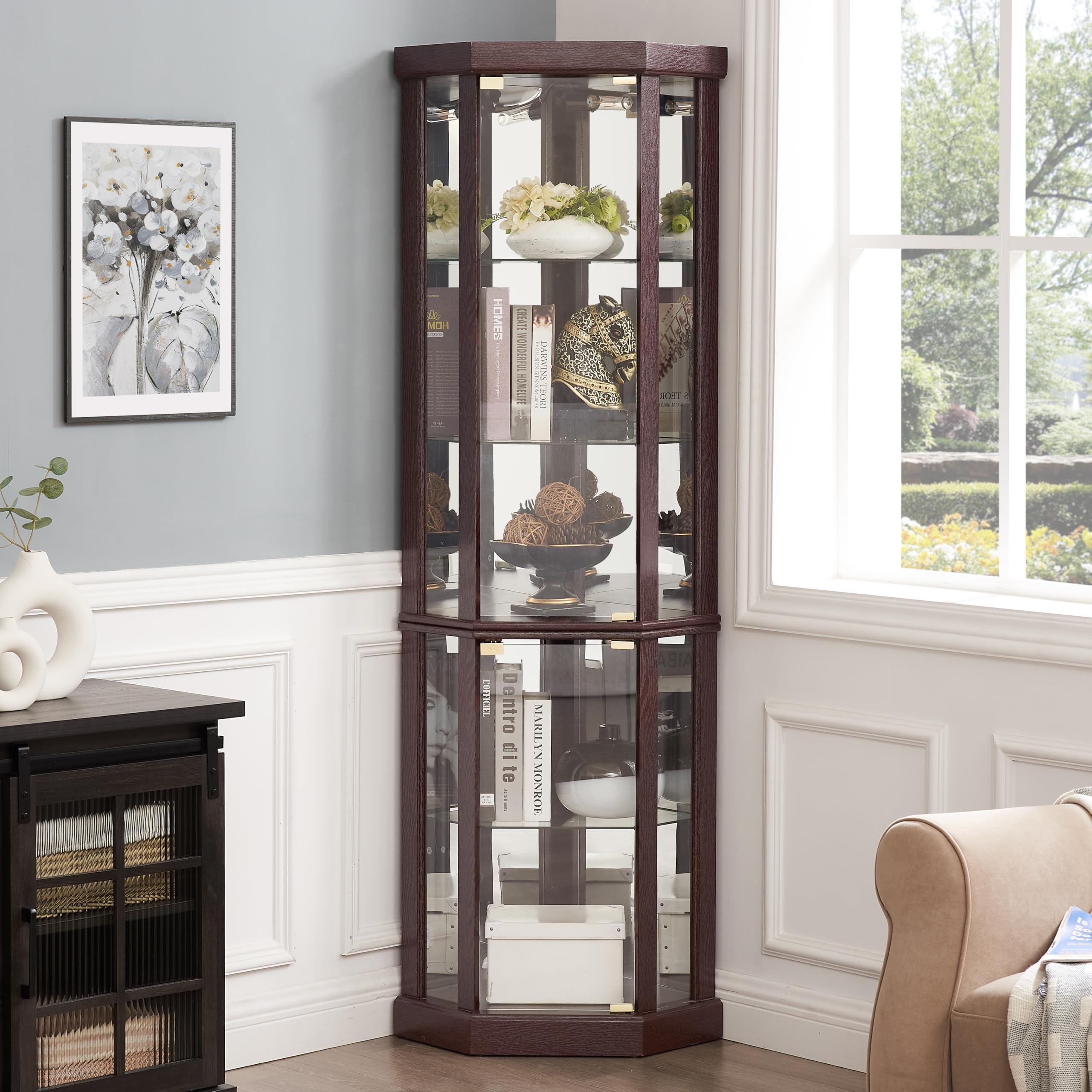 3-Side Corner Glass Display Cabinet - Lighted Curio Cabinet with Glass Doors & Adjustable Shelves - Curved Wood Corner China Cabinet with Included Light Bulb (Cherry) - Perfect for Showcasing Collectibles, China & Home Decor in Living Rooms, Dining Rooms & Entryways