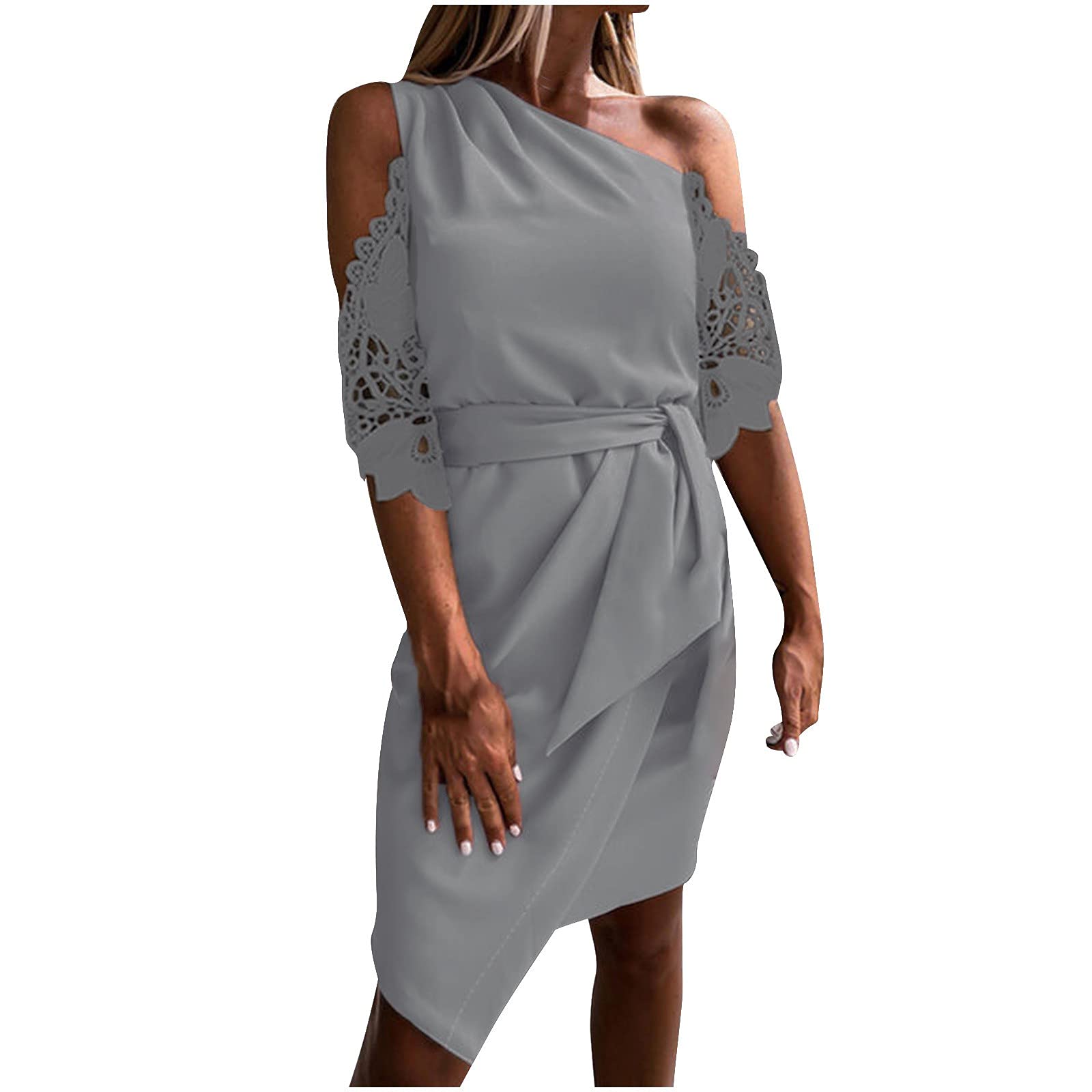 Sexy One Shoulder Cocktail Dress for Women - Lace Half Sleeve Bandage Midi Dress for Wedding Guest, Evening Party & Special Occasions - Perfect for Date Night, Club Outings & Formal Events