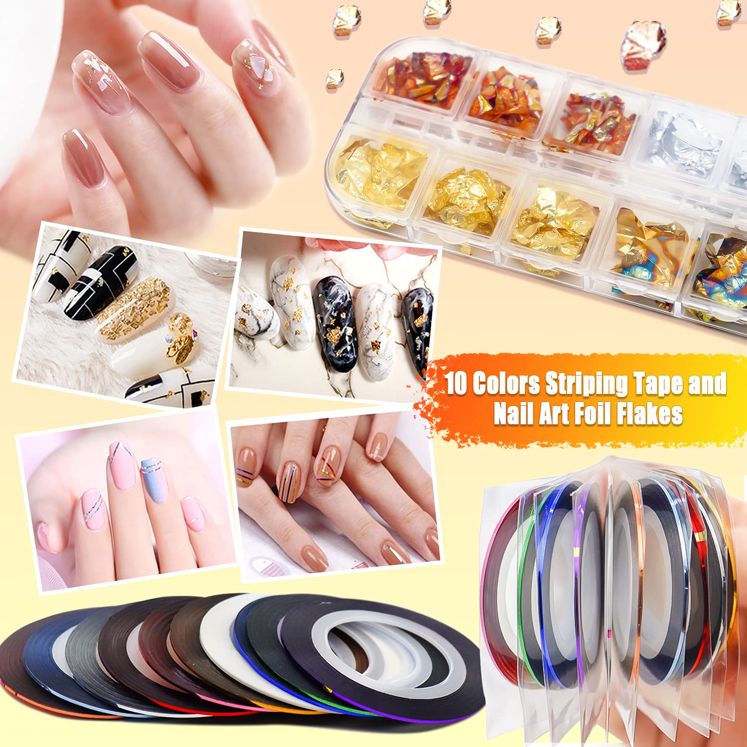 Professional Nail Art Brushes Kit with Dotting Tools, Holographic Stickers, Foil Tape, Rhinestones & Tweezers - Perfect for DIY Manicures, Nail Extensions & Salon Quality Nail Designs
