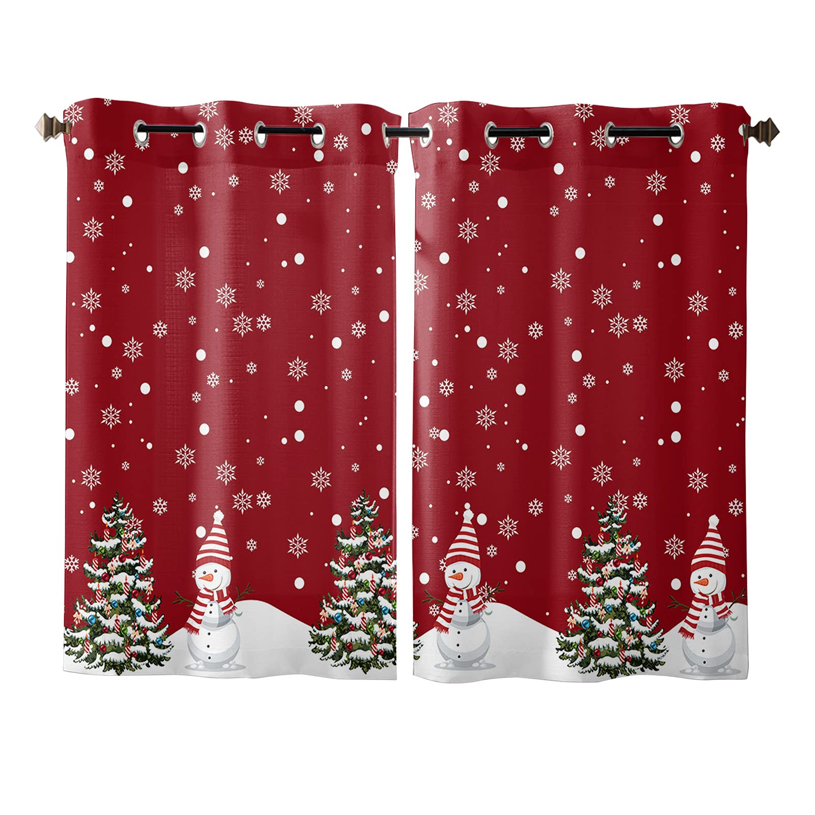 LibaoGe Red Christmas Window Curtains - Snowman & Snowflake Semi-Sheer Holiday Drapes for Bathroom, Kitchen, Small Windows (80