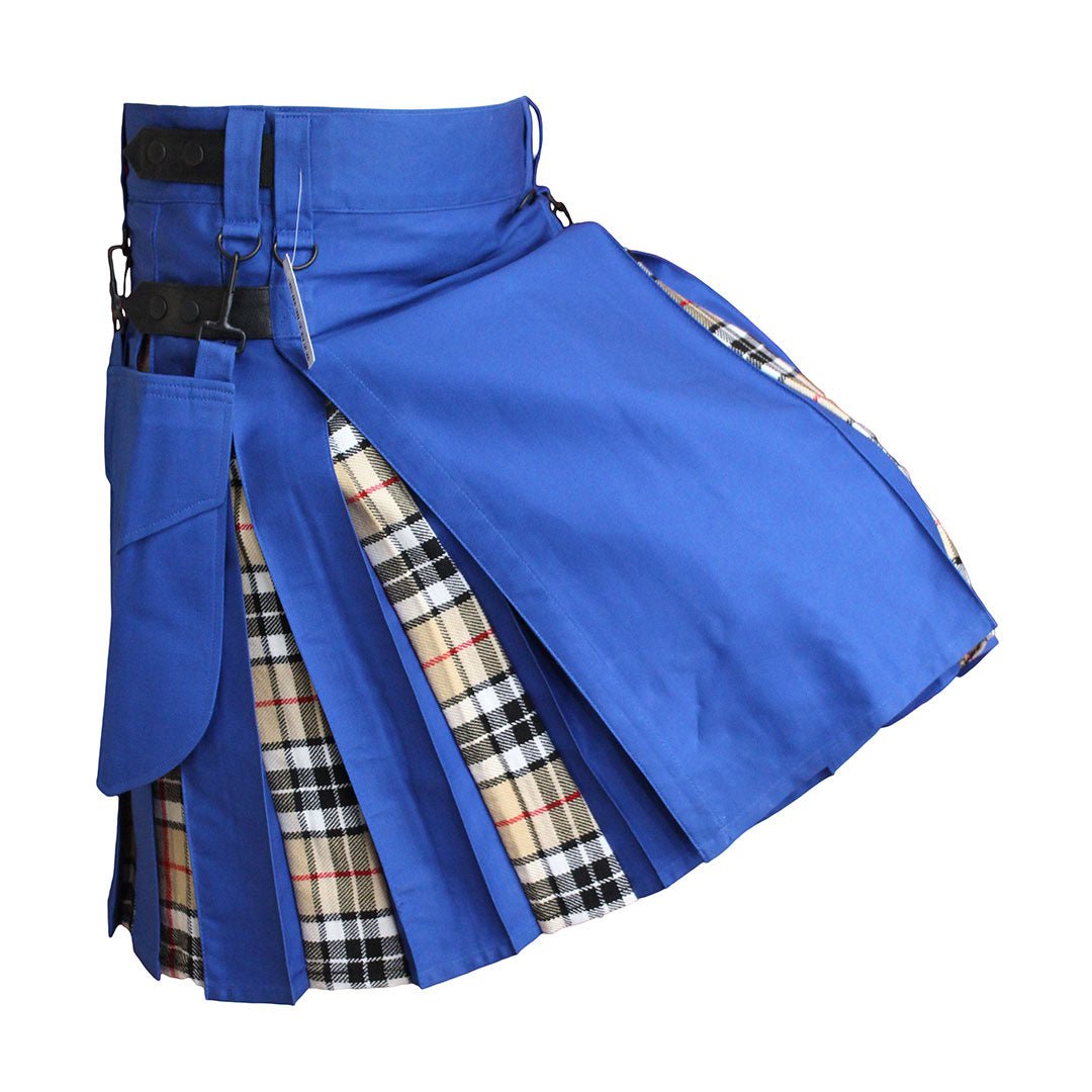 Royal Blue Hybrid Kilt with Tartan Pattern - Traditional Scottish Style Kilt for Men, Perfect for Weddings, Highland Games & Celtic Festivals