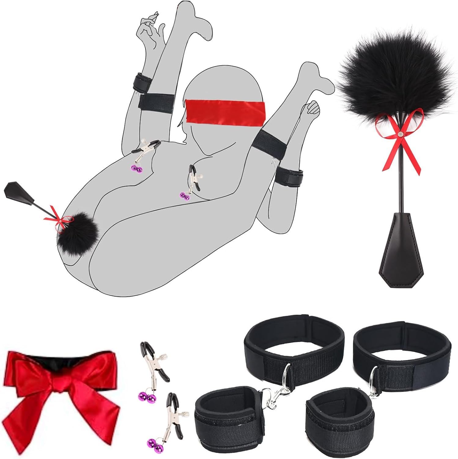 BDSM Bondage Wrist & Thigh Cuffs Set - Adjustable Restraints with Feather Tickler, Nipple Clamps & Blindfold - Adult Couples SM Toys for Men & Women - Perfect for Spicing Up Your Bedroom Play & BDSM Exploration