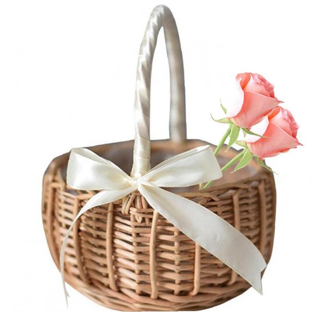Wedding Flower Girl Basket - Wicker Rattan Flower Basket with Handle for Petals & Candy - Elegant Home Decor for Bridal Showers, Baby Showers & Party Decorations