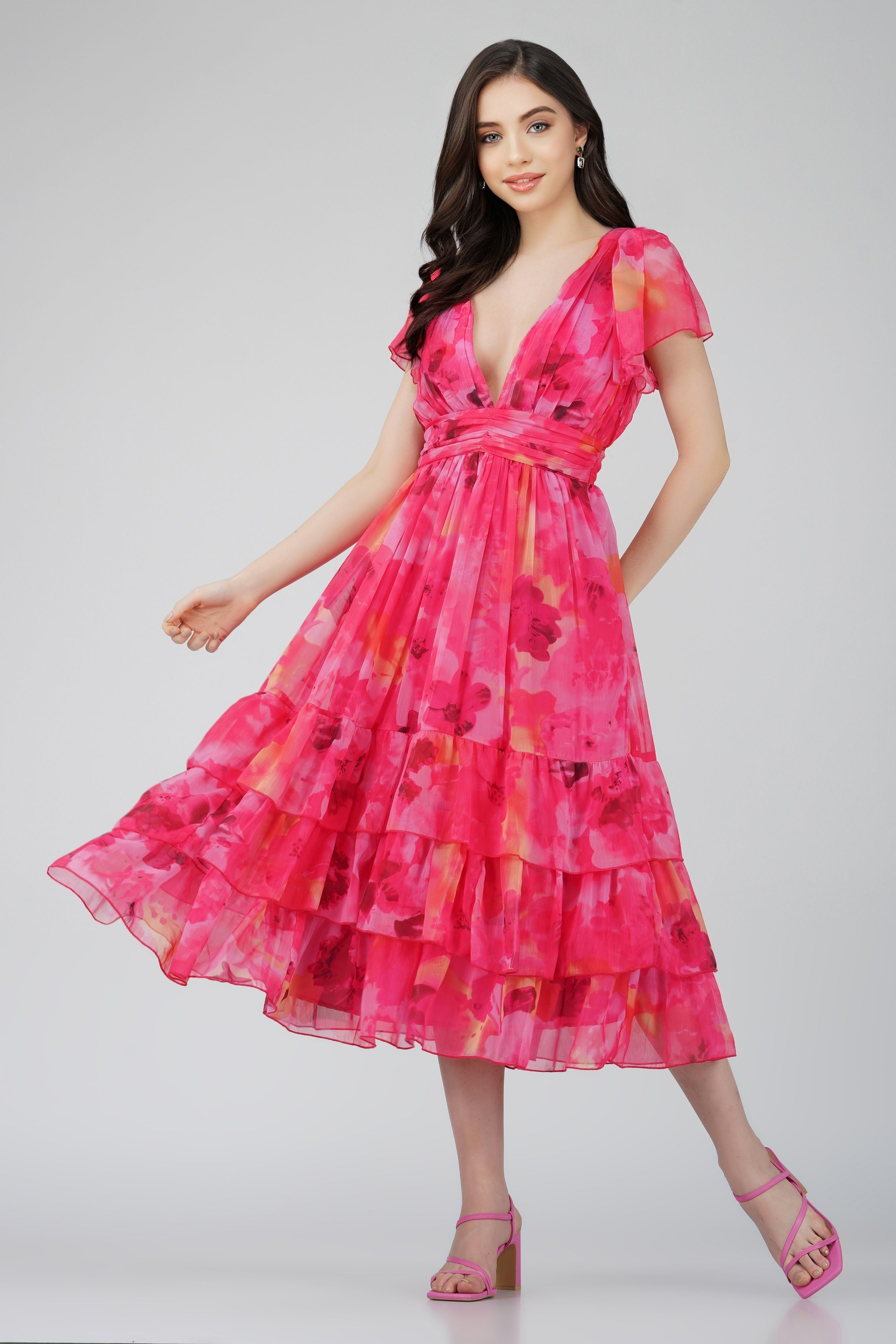 Madison Sunset Pink Chiffon Midi Dress - Elegant Flowy Summer Dress for Women | Perfect for Beach Weddings, Date Nights & Special Occasions