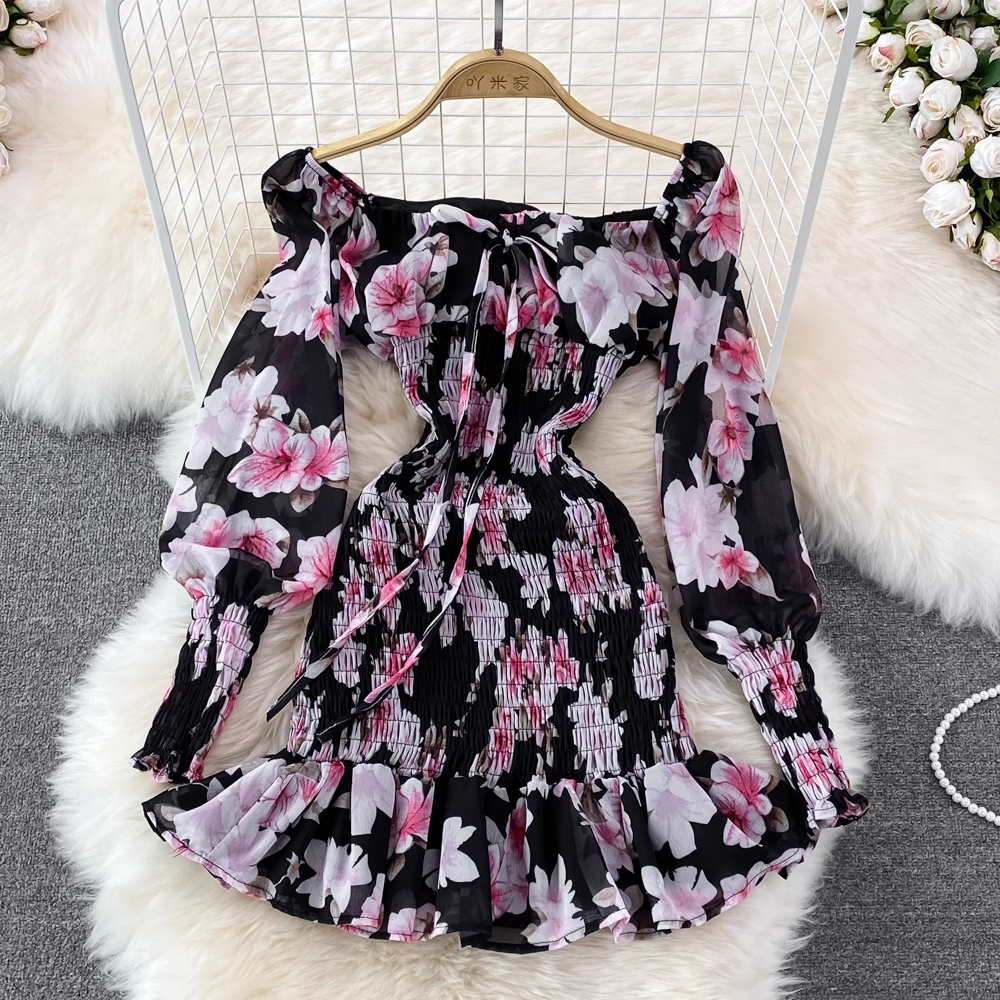 Elegant Long Sleeve Square Neck Chiffon Floral Ruffle Dress for Women - Perfect for Spring Weddings, Garden Parties & Date Nights
