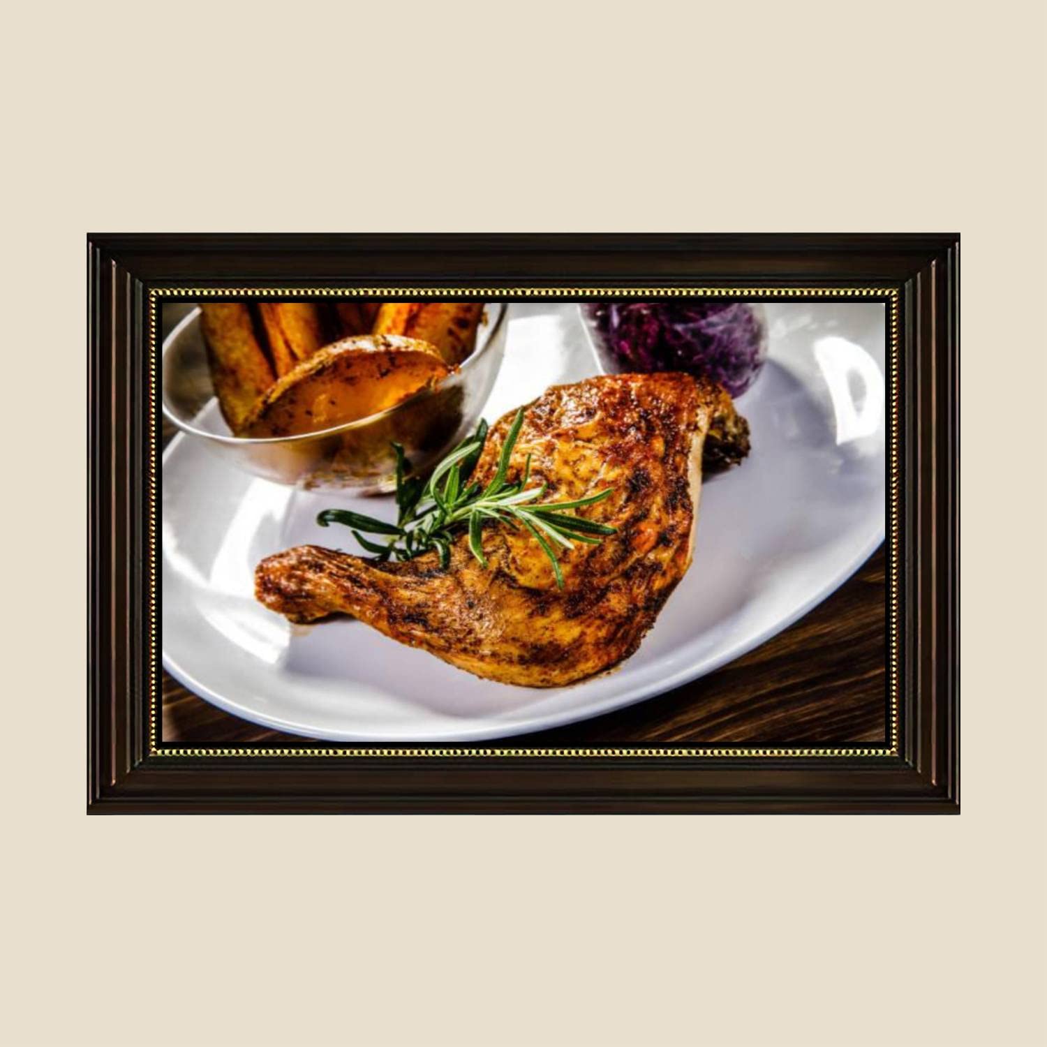 Vintage Roast Chicken Leg & Vegetables Canvas Wall Art Print - 24x36 Inch Framed Kitchen Decor Poster - Ready to Hang for Dining Room, Restaurant & Farmhouse Decor