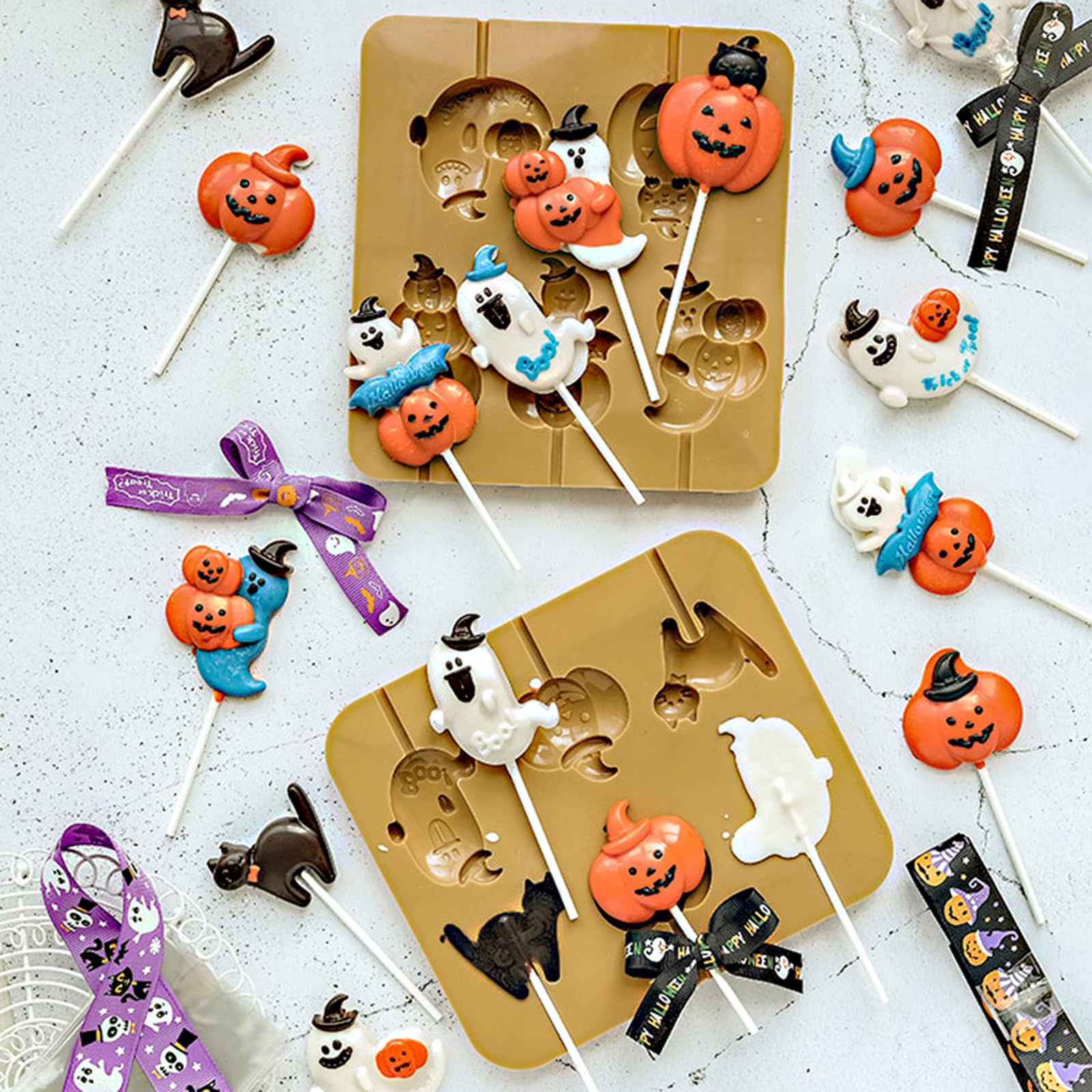 Halloween Silicone Candy Molds 2 Pack - Pumpkin, Ghost & Cat with Hat Chocolate Molds for Cake, Cupcake Decorations - Perfect for Halloween Parties, DIY Treats & Holiday Baking