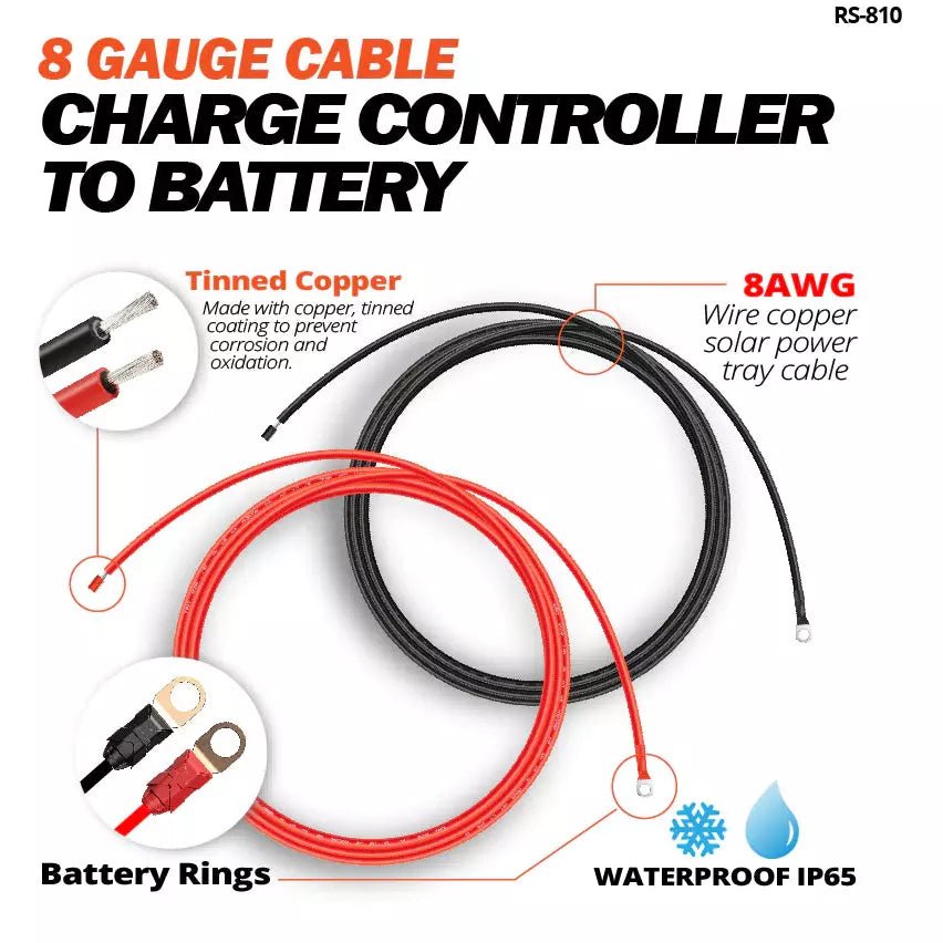 Rich Solar 8 AWG 10 Feet Solar Panel Battery Cable - Heavy Duty Copper Wire for Charge Controller to Battery Connection - Perfect for RV, Marine, and Off-Grid Solar Power Systems