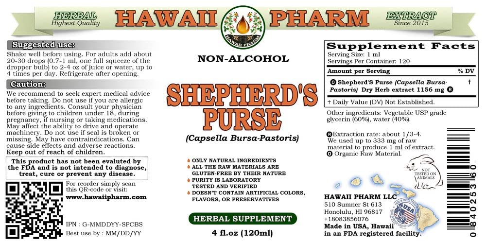 Organic Shepherd's Purse Alcohol-Free Liquid Extract (Capsella Bursa-Pastoris) - Natural Herbal Supplement Glycerite - 2x32 fl.oz by Hawaii Pharm USA - Supports Women's Health & Wellness, Perfect for Herbal Tea Blends and Natural Remedies