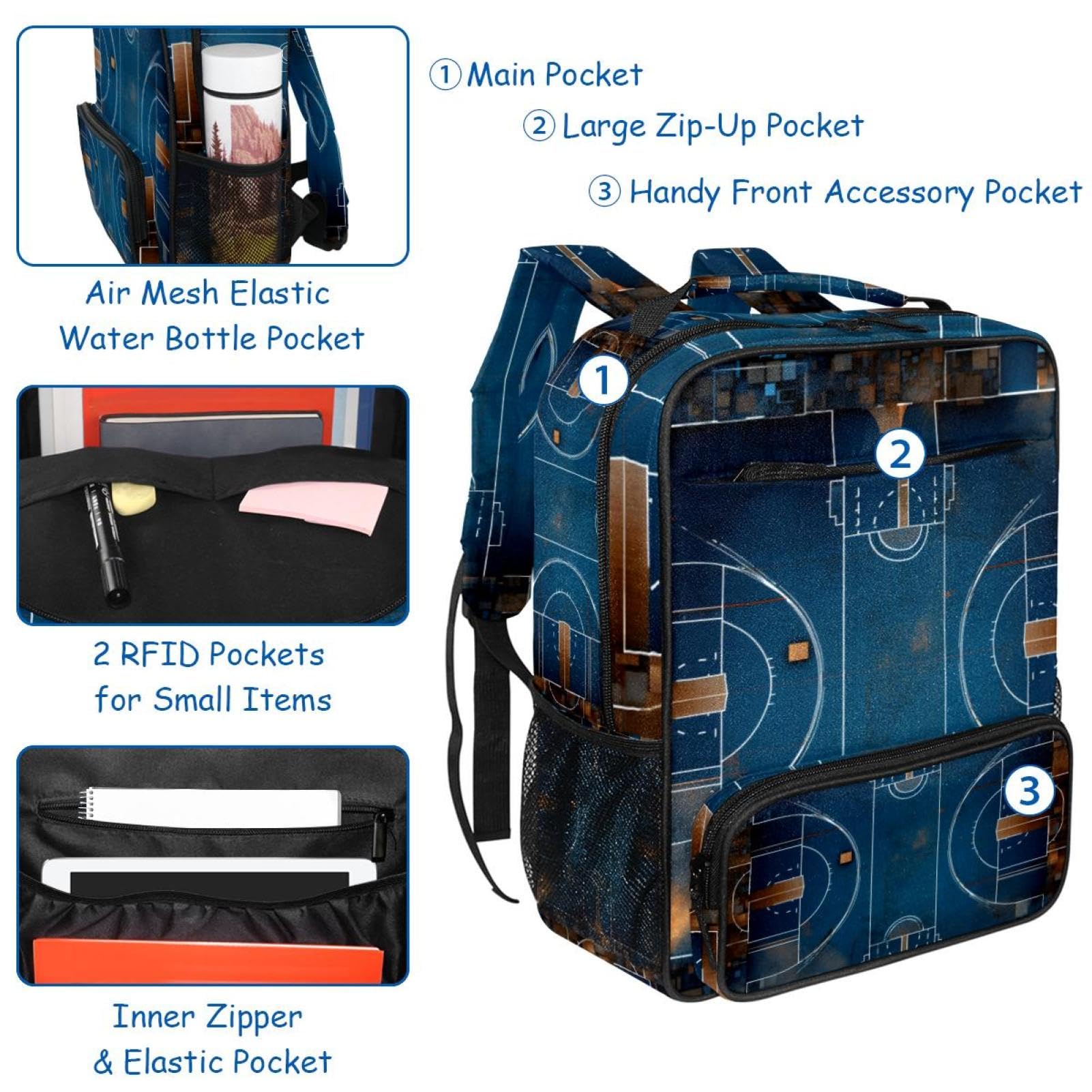 Premium Travel & Work Backpack - Durable Laptop Backpack with Art Basketball Court Design - Perfect for Business Trips, Commuting & School