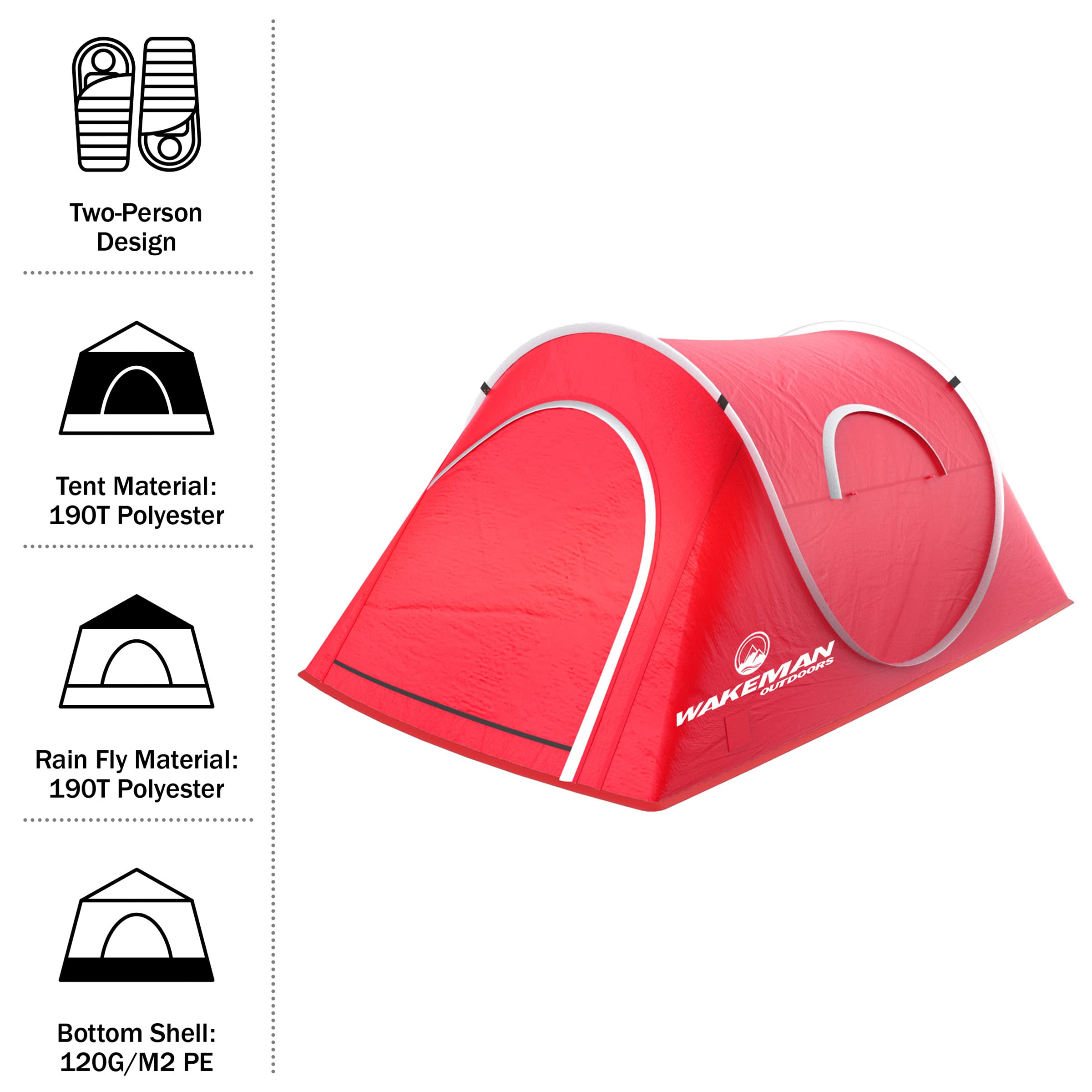 Wakeman 2-Person Pop-Up Tent with Carry Bag & Camping Lantern Fan - Lightweight Waterproof Camping Gear for Hiking, Backpacking, and Outdoor Adventures