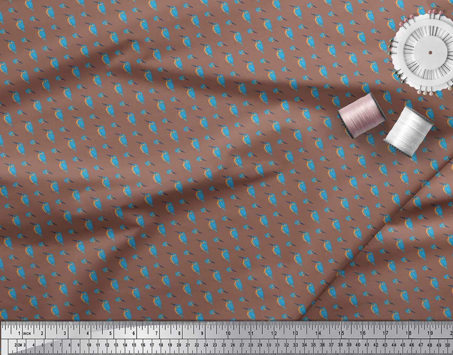 Soimoi Japanese Crepe Brown Fabric by The Yard - 42 Inch Wide Kingfisher Bird Print Shirting - Elegant Avian Design Printed Cotton Material for Dresses, Blouses & Home Decor