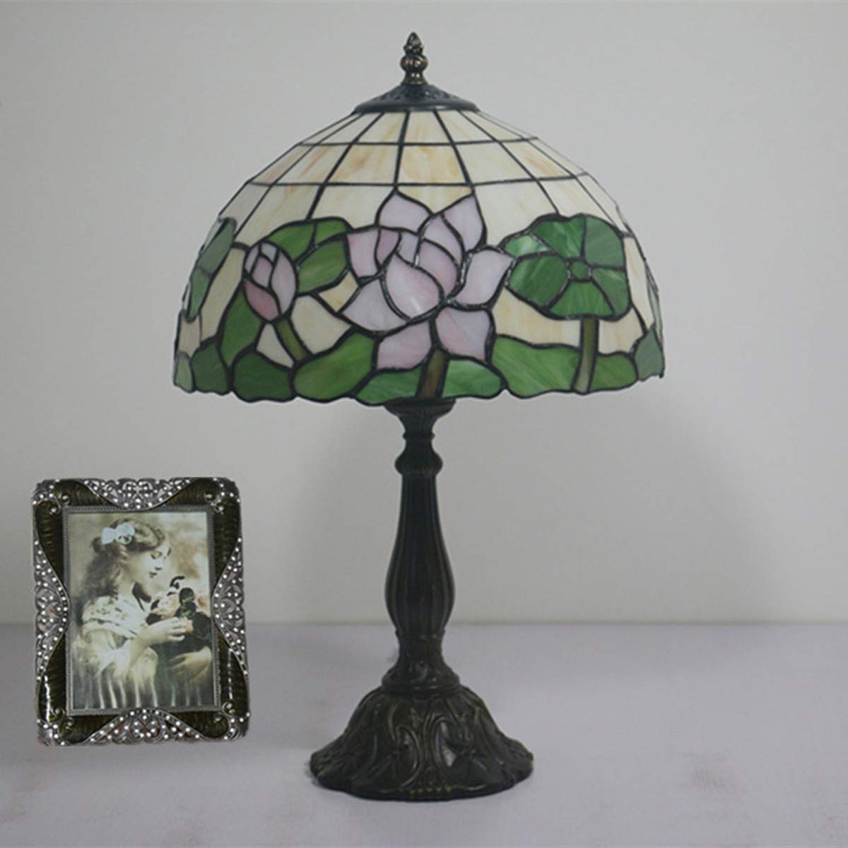 Tiffany Style Stained Glass Table Lamp - Pink Lotus & Green Leaves Design, 19.3 Inch Tall Resin Base Bedside Lamp for Living Room, Bedroom, Office, or Reading Nook - Perfect for Home Decor, Ambient Lighting & Relaxation