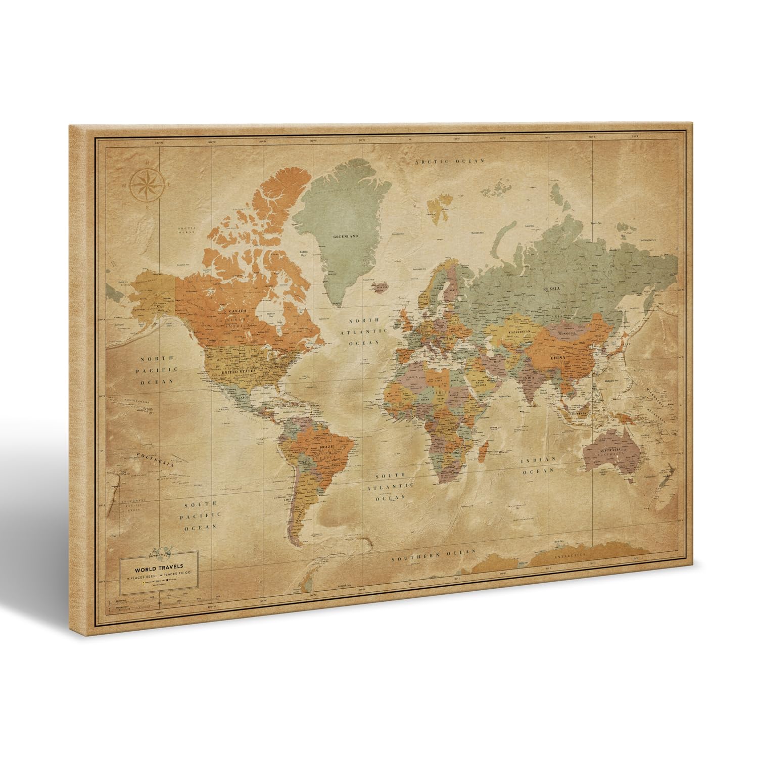 Vintage World Map Wall Art for Travel Tracking | Canvas World Map Push Pins | Detailed Travel Map with Pins | Perfect for Home Office Decor, Travel Enthusiast Gifts & Adventure Planning (40