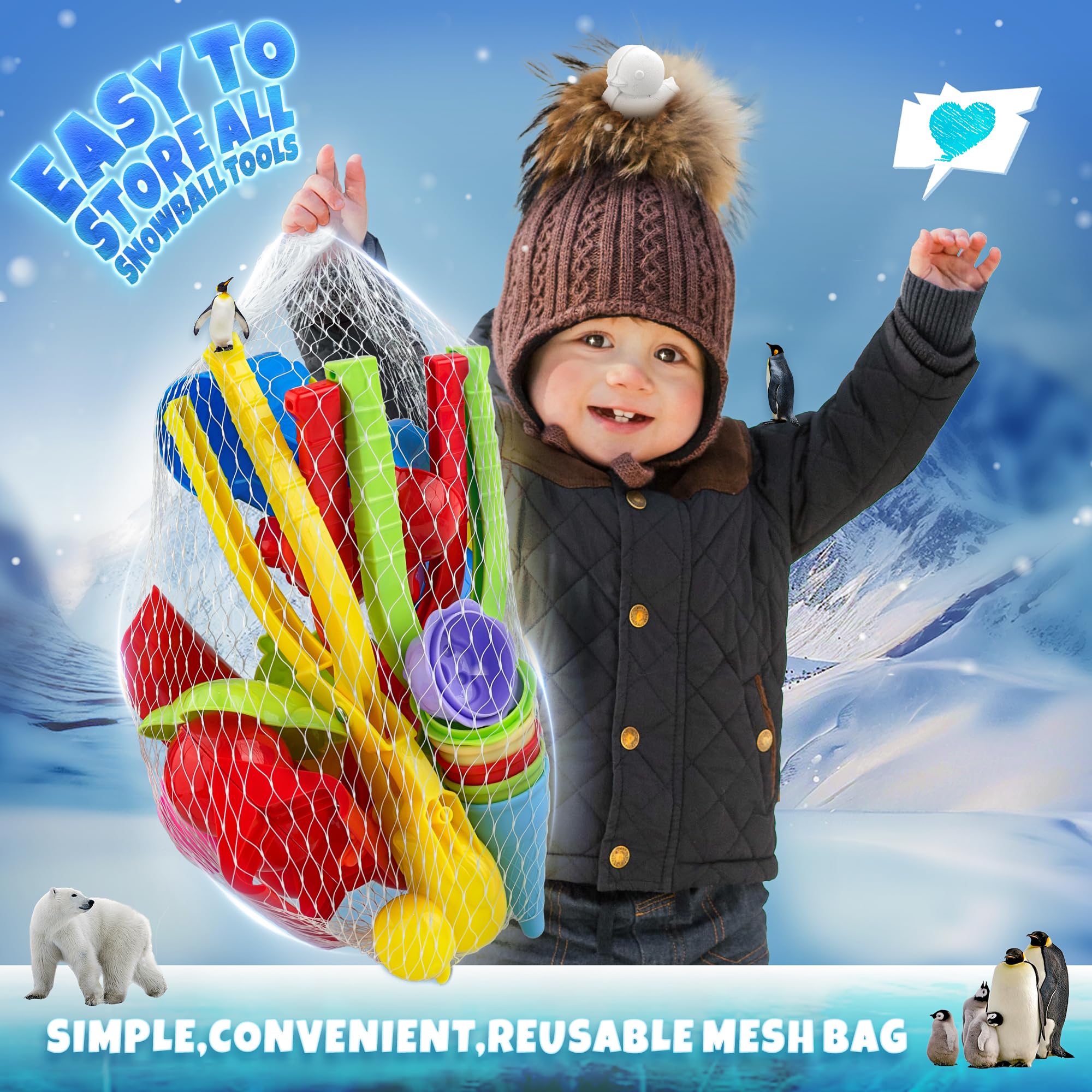 23Pcs Snowball Maker Kit with Ice Cream, Duck, Penguin Molds & Castle Brick Maker - Fun Winter Snow Toys for Kids & Adults - Perfect for Outdoor Snow Play, Snowman Building & Family Winter Activities