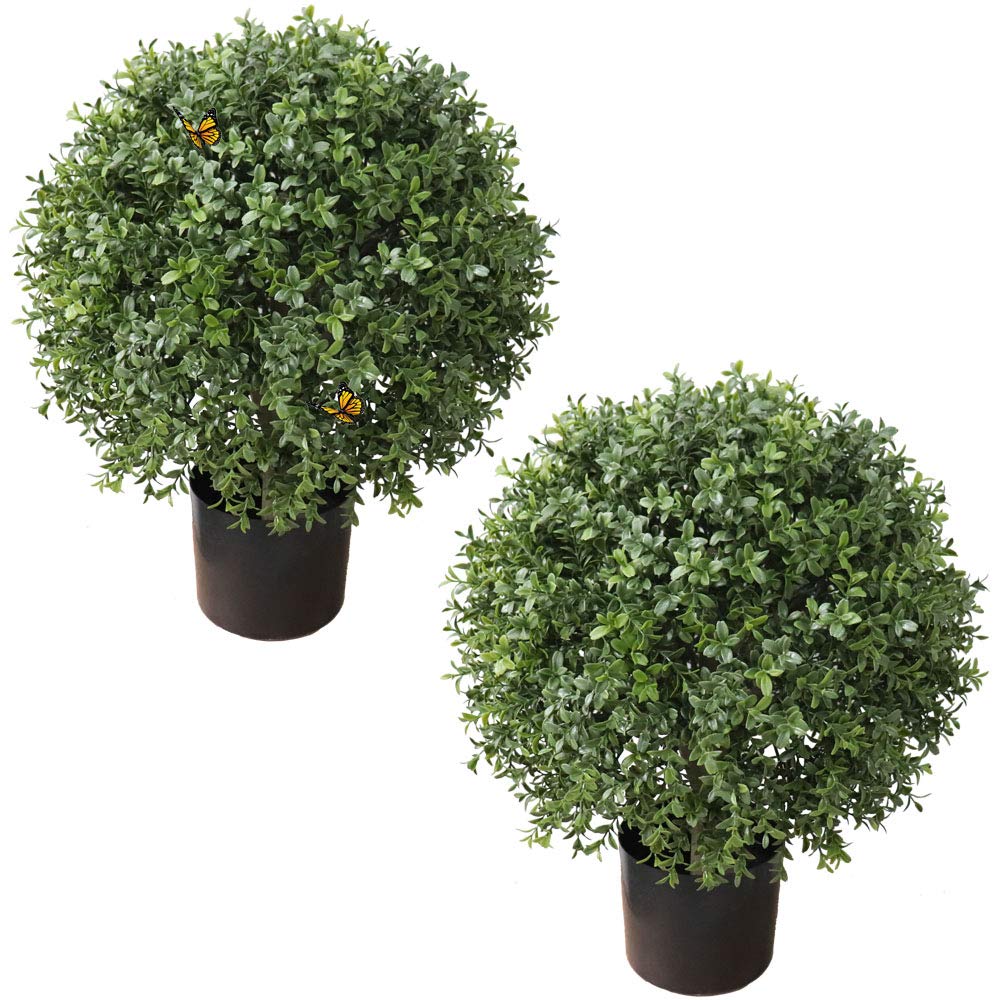 2 Pack Artificial Boxwood Topiary Trees - 2 Feet Tall, 19 Inches Wide - UV Resistant Fake Potted Plants for Outdoor Decor, Patio, Garden, Porch, and Entryway