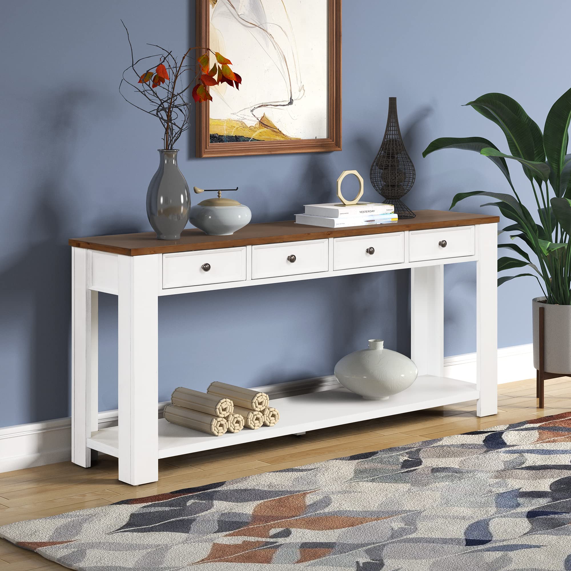 P PURLOVE 63 Inch Solid Wood Console Table with 4 Drawers & Bottom Shelf - Entryway Sofa Table, Hallway Organizer, Living Room Sideboard - Perfect for Home Decor, Storage & Display (Espresso Finish)