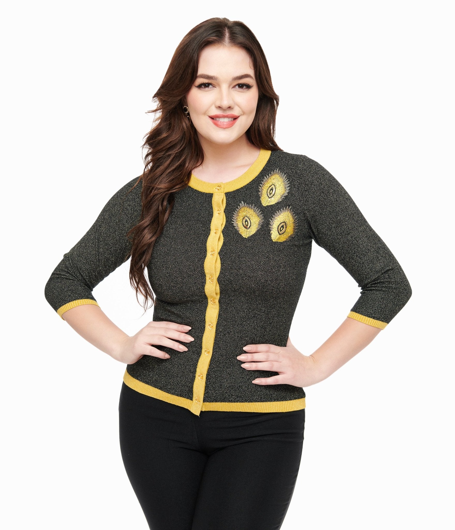 Vintage 1950s Black & Gold Peacock Feather Embroidered Cardigan Sweater - Retro Bookworm Fashion for Women - Perfect for Tea Parties, Book Club Meetings & Vintage-Inspired Outfits