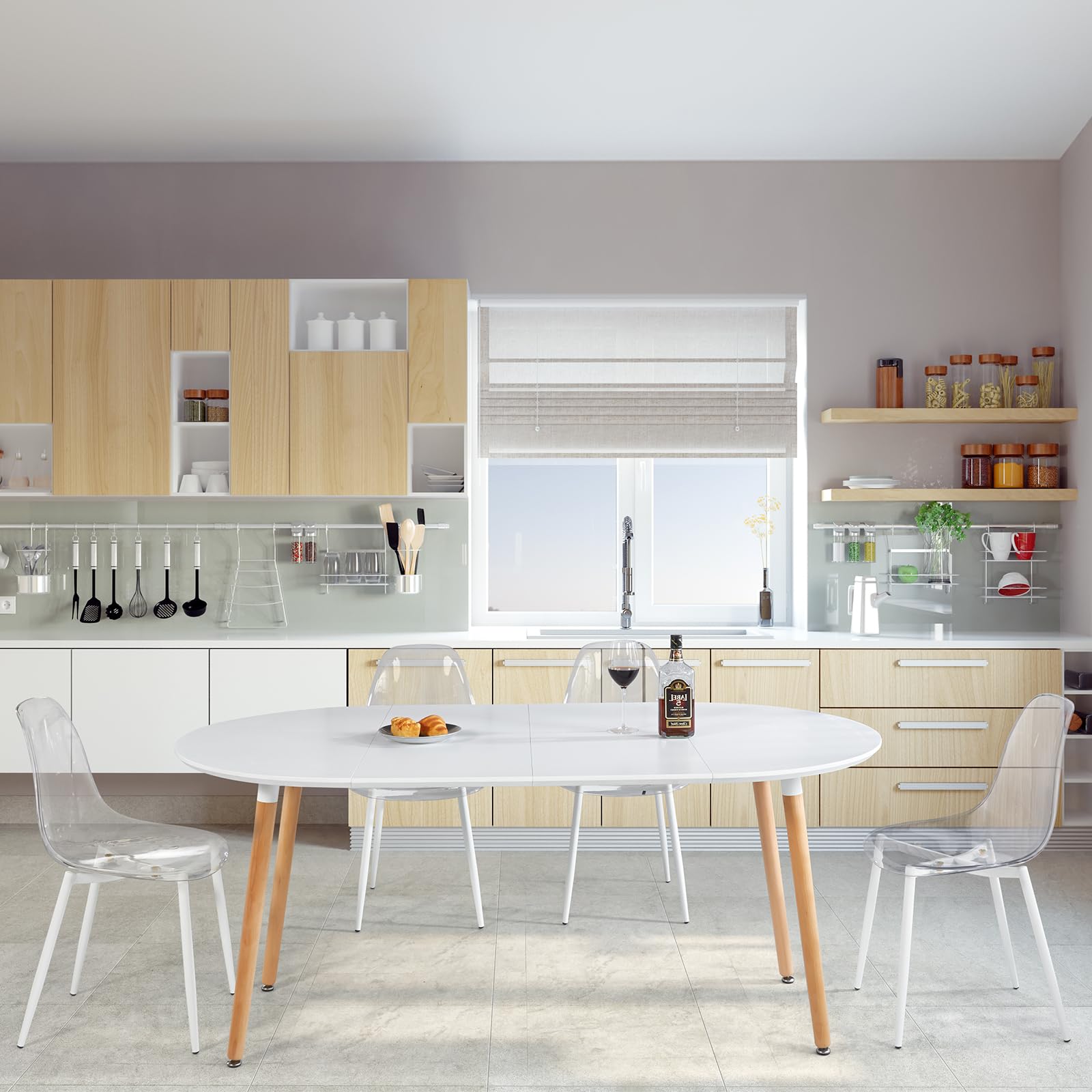Modern Oval Extendable Dining Table for 4-8 People - Solid Wood & Metal Frame with MDF Tabletop (40