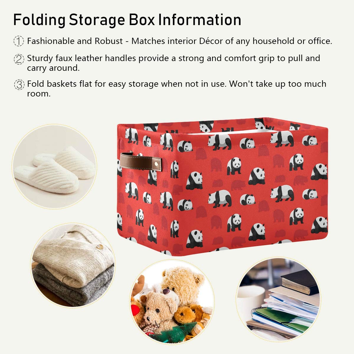 Bear Panda Large Collapsible Storage Basket Bin - 15 x 11 x 9.5 Inch Canvas Cube Organizer Box for Home, Office, Closet | Perfect for Toy Storage, Blanket Organization & Shelf Decor