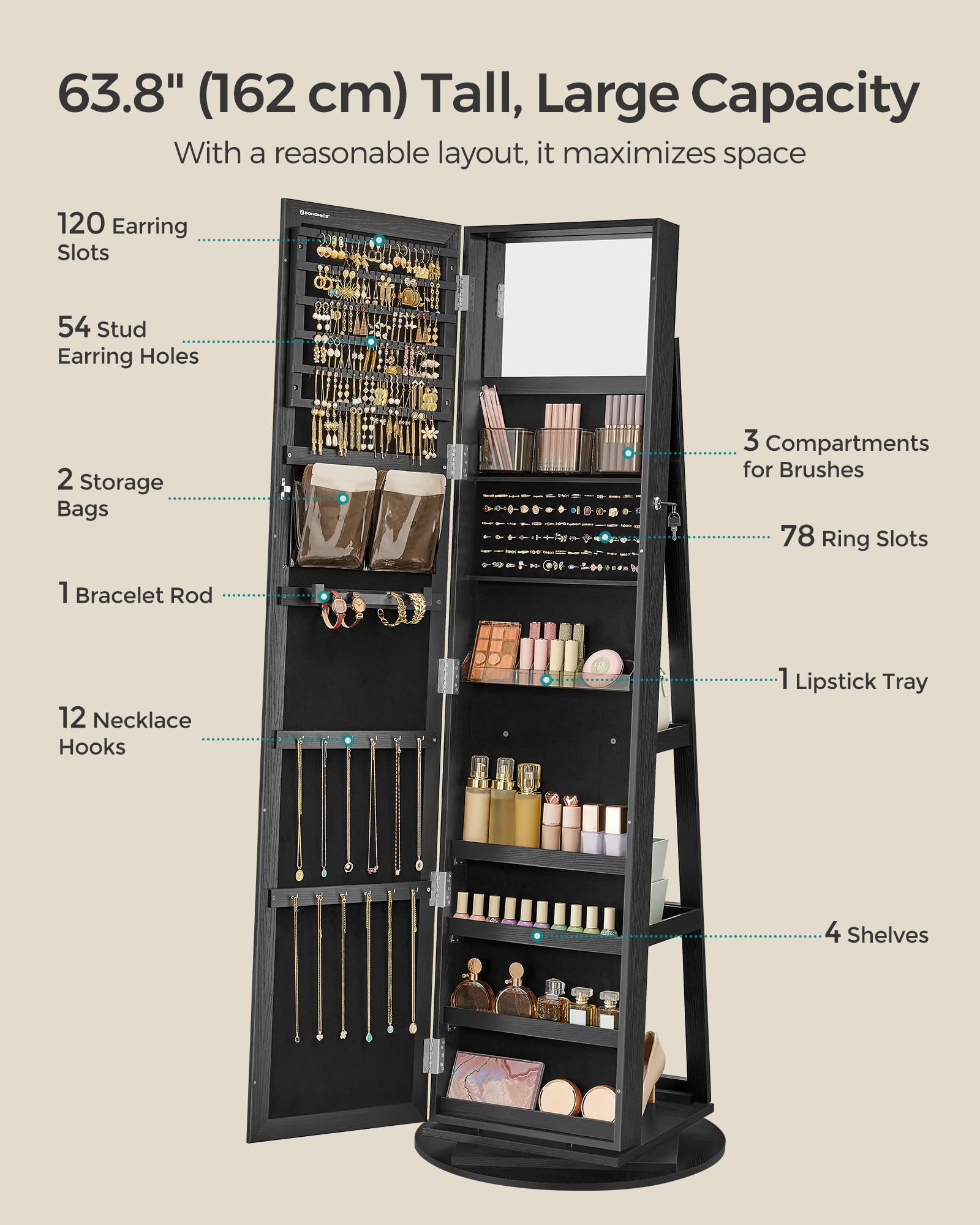 SONGMICS 360° Swivel Jewelry Cabinet with Full-Length Mirror - Lockable Jewelry Organizer with Interior Mirror & Storage Shelves - Jewelry Armoire for Bedroom, Closet or Dressing Room - Perfect Gift Idea (Black, UJJC006B01)