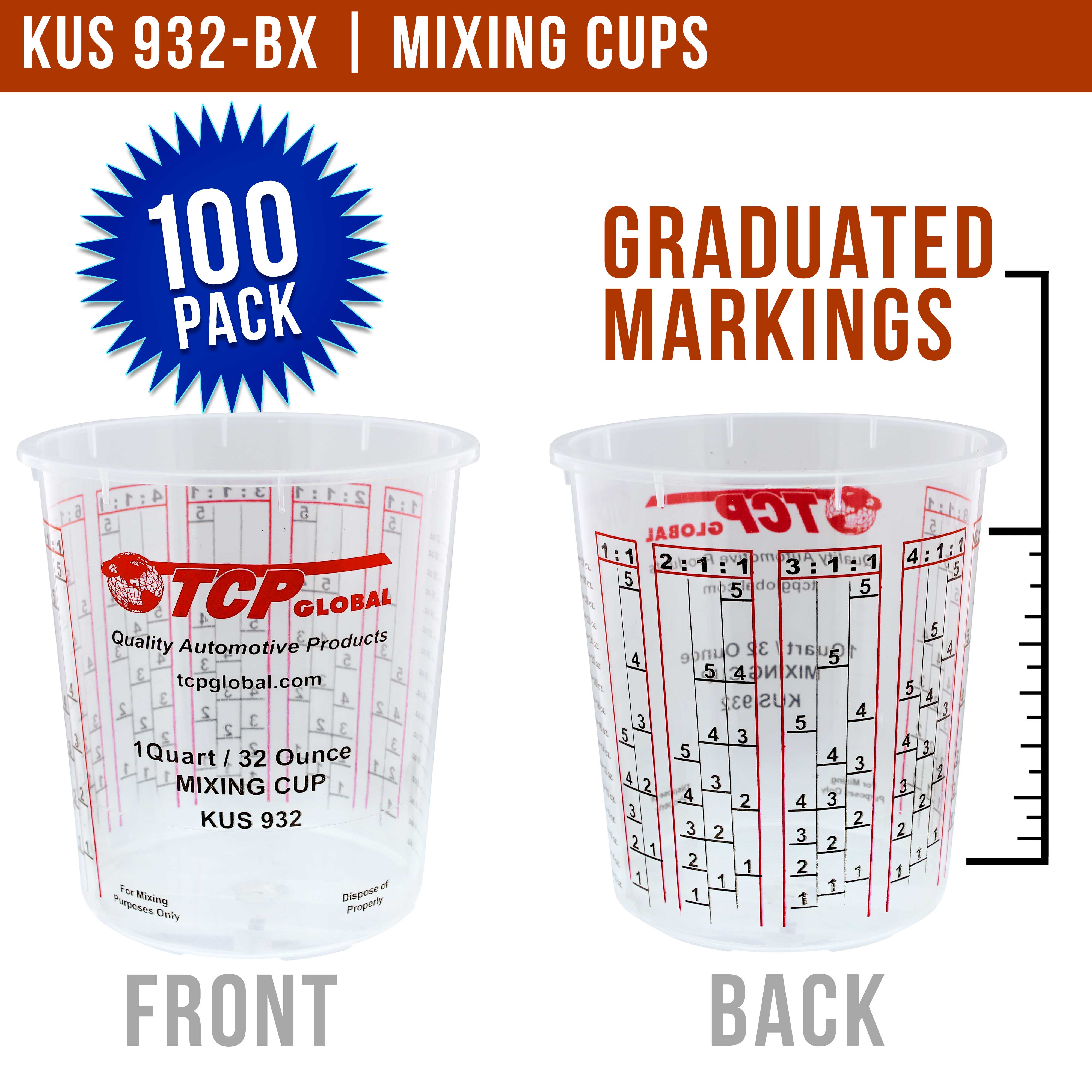 32oz Paint Mixing Cups (Pack of 100) - Disposable & Reusable Plastic Measuring Cups for Automotive Painting, Epoxy Resin, Acrylic Arts - Graduated with Mixing Ratios - Perfect for DIY Projects, Home Renovation & Professional Use
