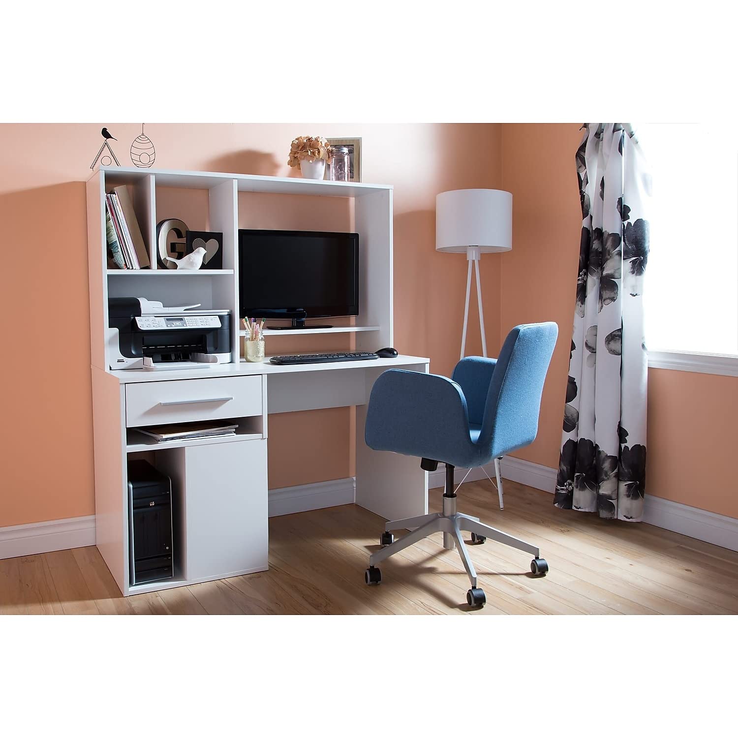 South Shore Narrow Home Office Computer Desk with Hutch, Pure White - Compact Space-Saving Workstation for Small Rooms, Apartments & Dorm Rooms