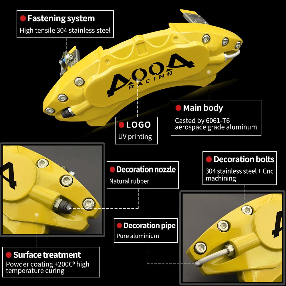 AOOA Yellow Brake Caliper Covers with Black Lettering - Set of 4 - Fits Ford Mustang Ecoboost Models - Perfect for Car Enthusiasts & Performance Upgrades