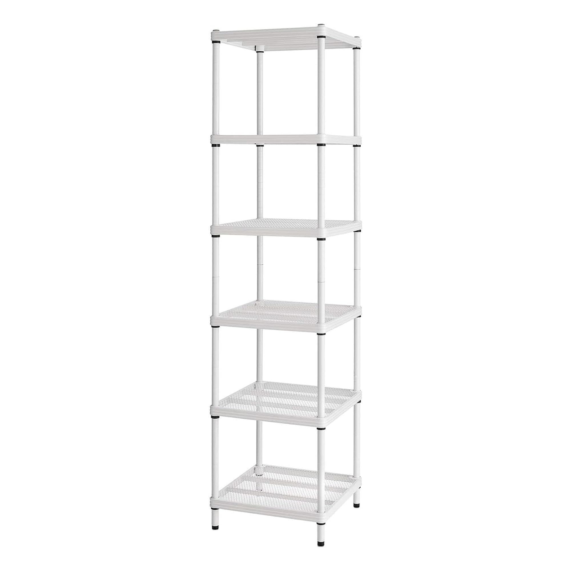 MeshWorks 6-Tier Narrow Metal Storage Shelf Tower - 17.7”x17.7”x70.9” White Organizer for Kitchen, Bathroom, Garage, Pantry & Laundry Room - Space-Saving Vertical Storage Solution for Small Spaces
