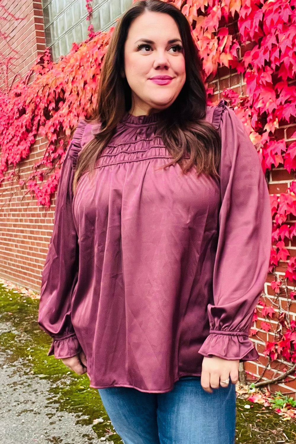 Stylish Wine Satin Shirred Yoke Frilled Mock Neck Top for Women | Elegant Blouse for Date Night, Parties & Special Occasions
